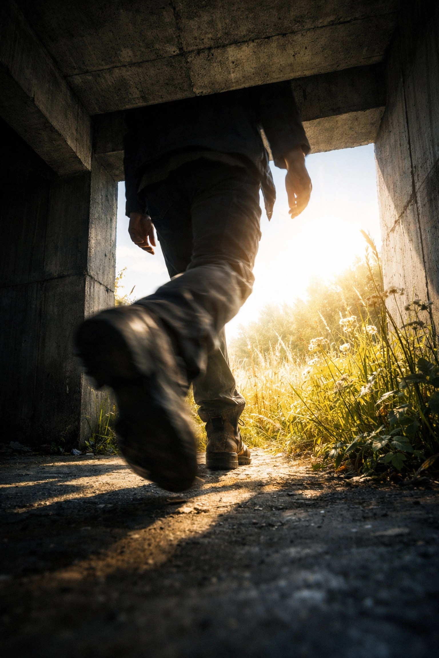 Person stepping out of a dark industrial hallway into a bright field, embracing a life beyond the rat race.