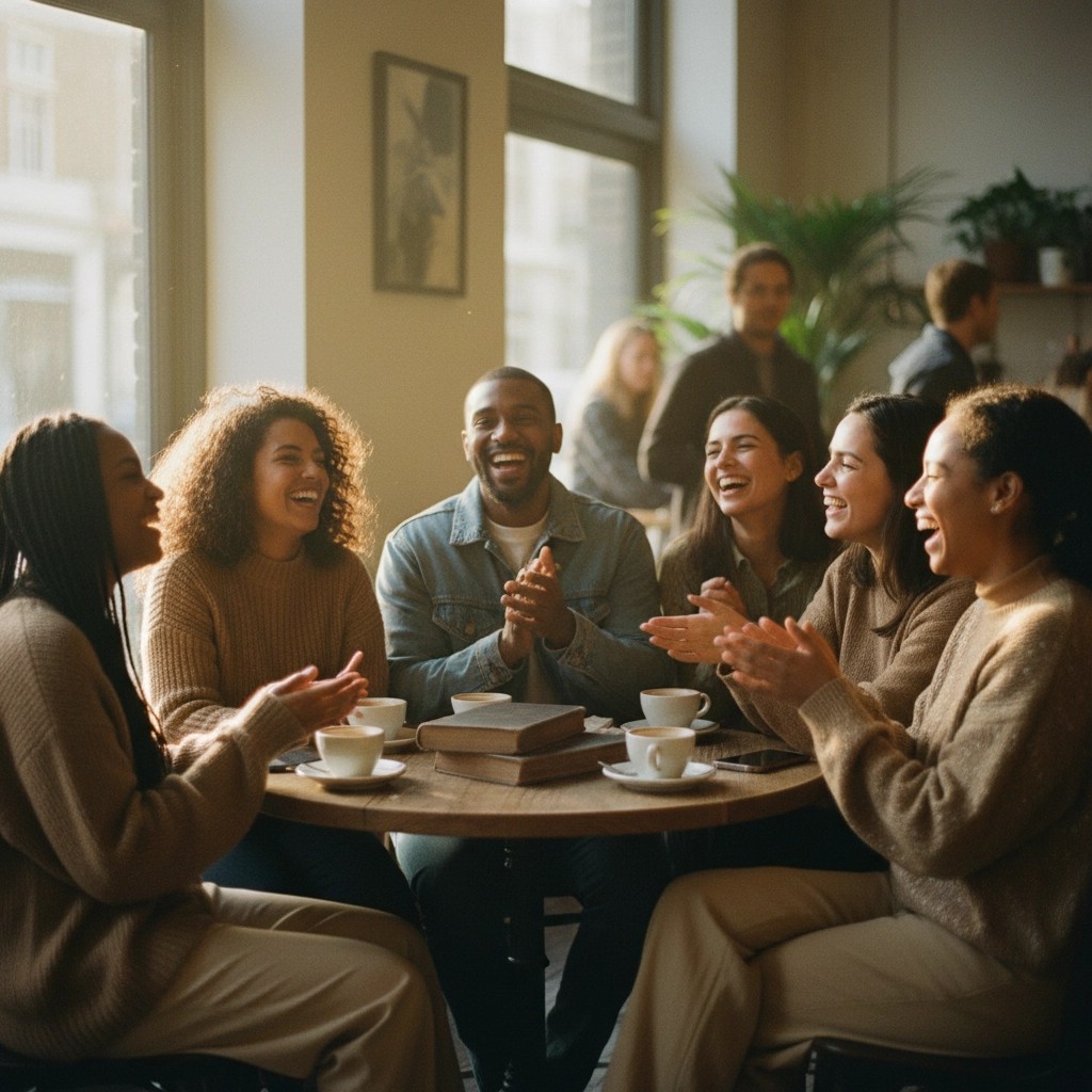 Diverse group of dark- and brown-skinned friends laughing together in a London cafe