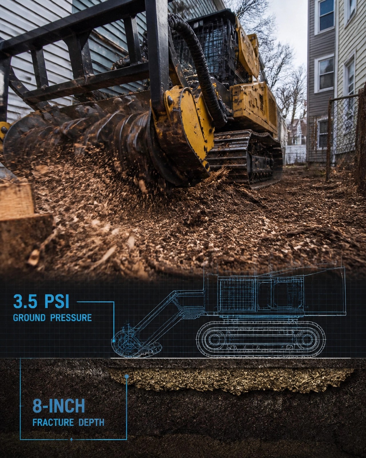 High-action mulching machine with ATR CAD-style data overlay showing 3.5 PSI and force vectors