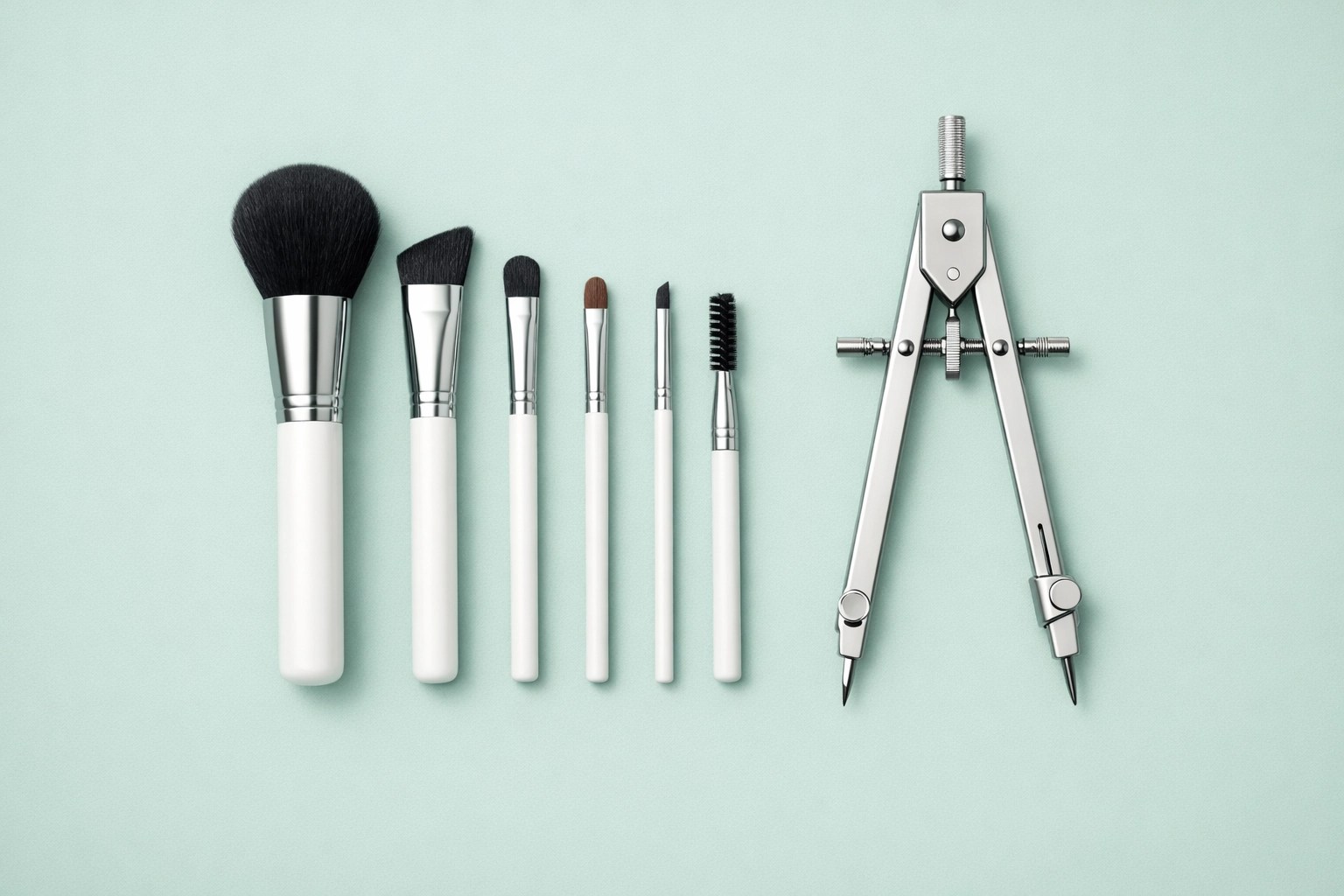 Professional bridal makeup brushes and an architectural compass representing precision in artistry.