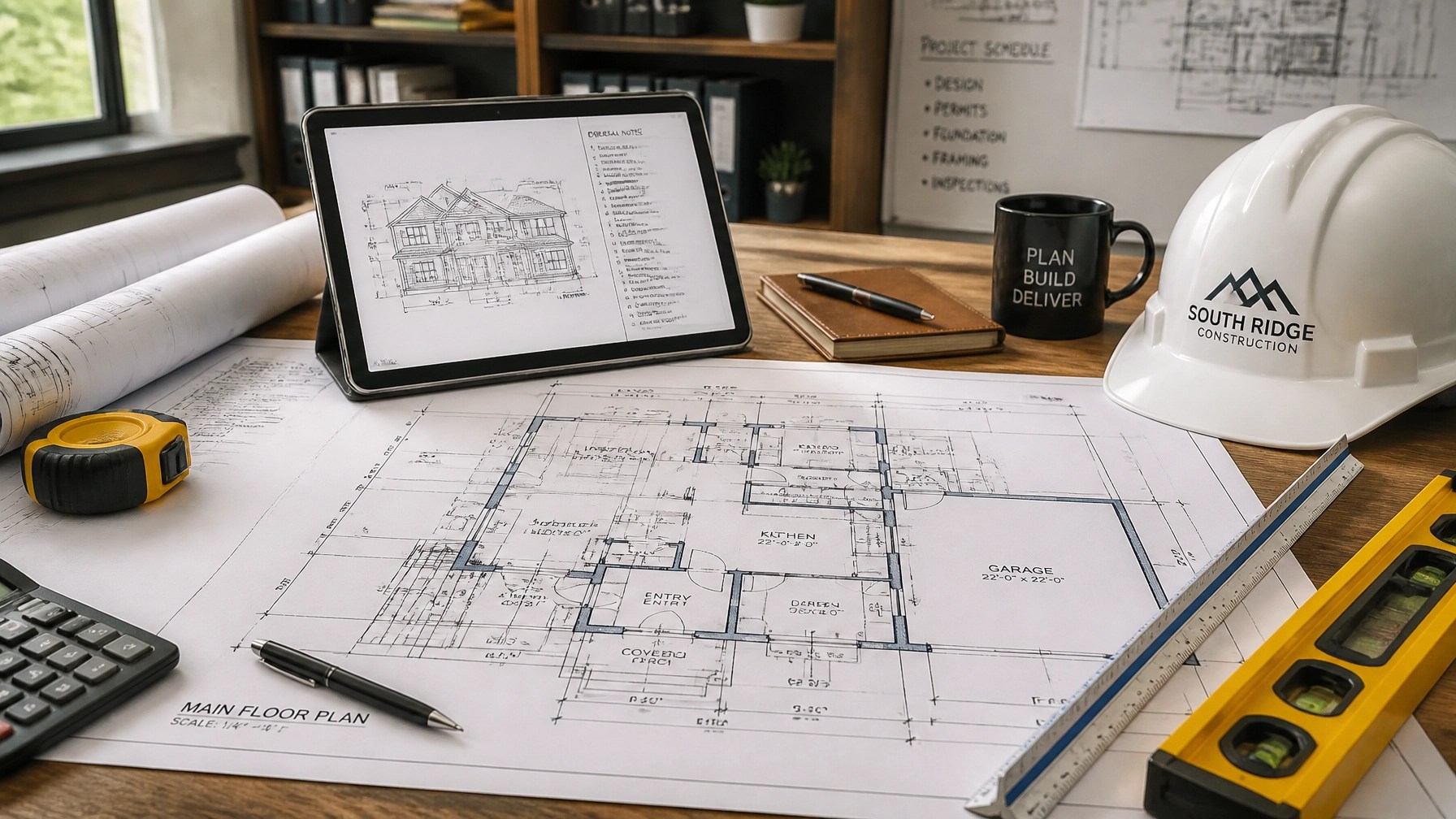 Architectural blueprints and construction tools on a wooden table