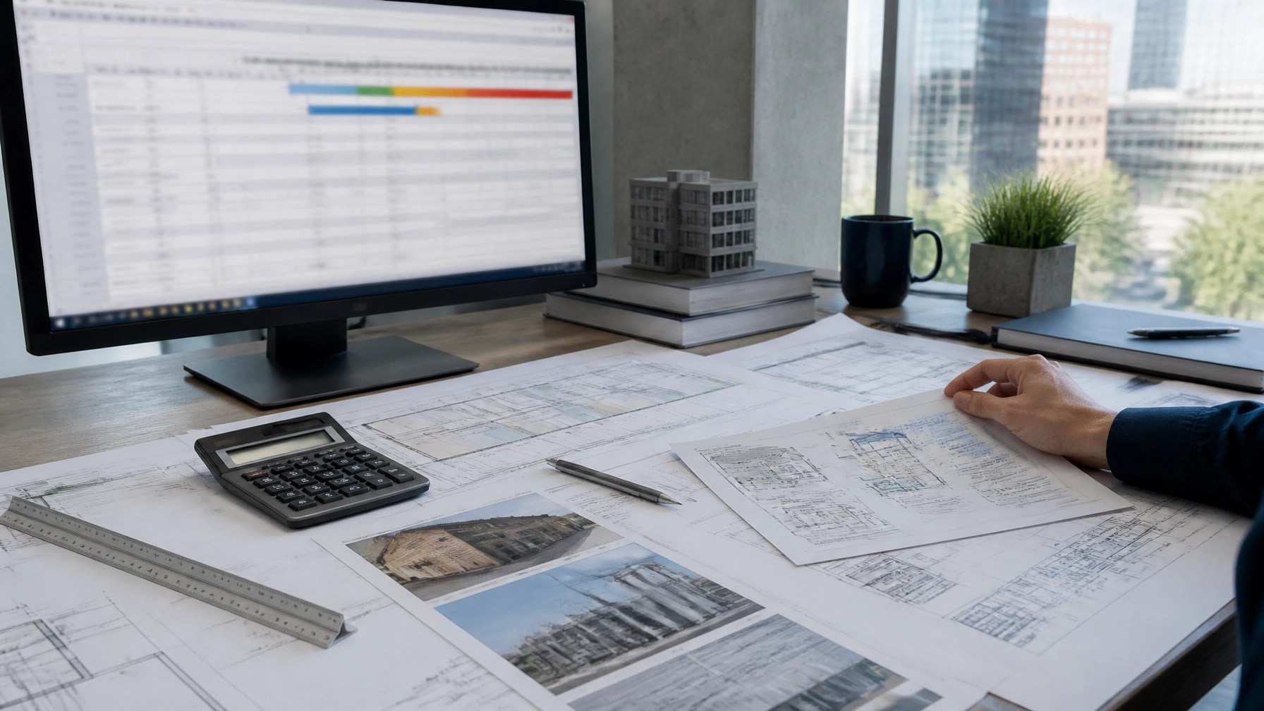 Commercial real estate acquisition planning desk with inspection photographs, building plans, and a capital reserve schedule