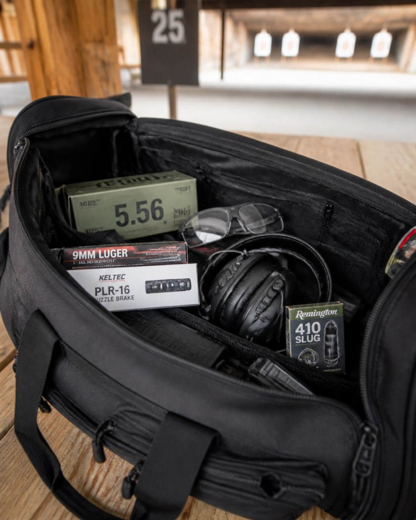 A well-organized range bag with ammo boxes, ear protection, and firearm accessories