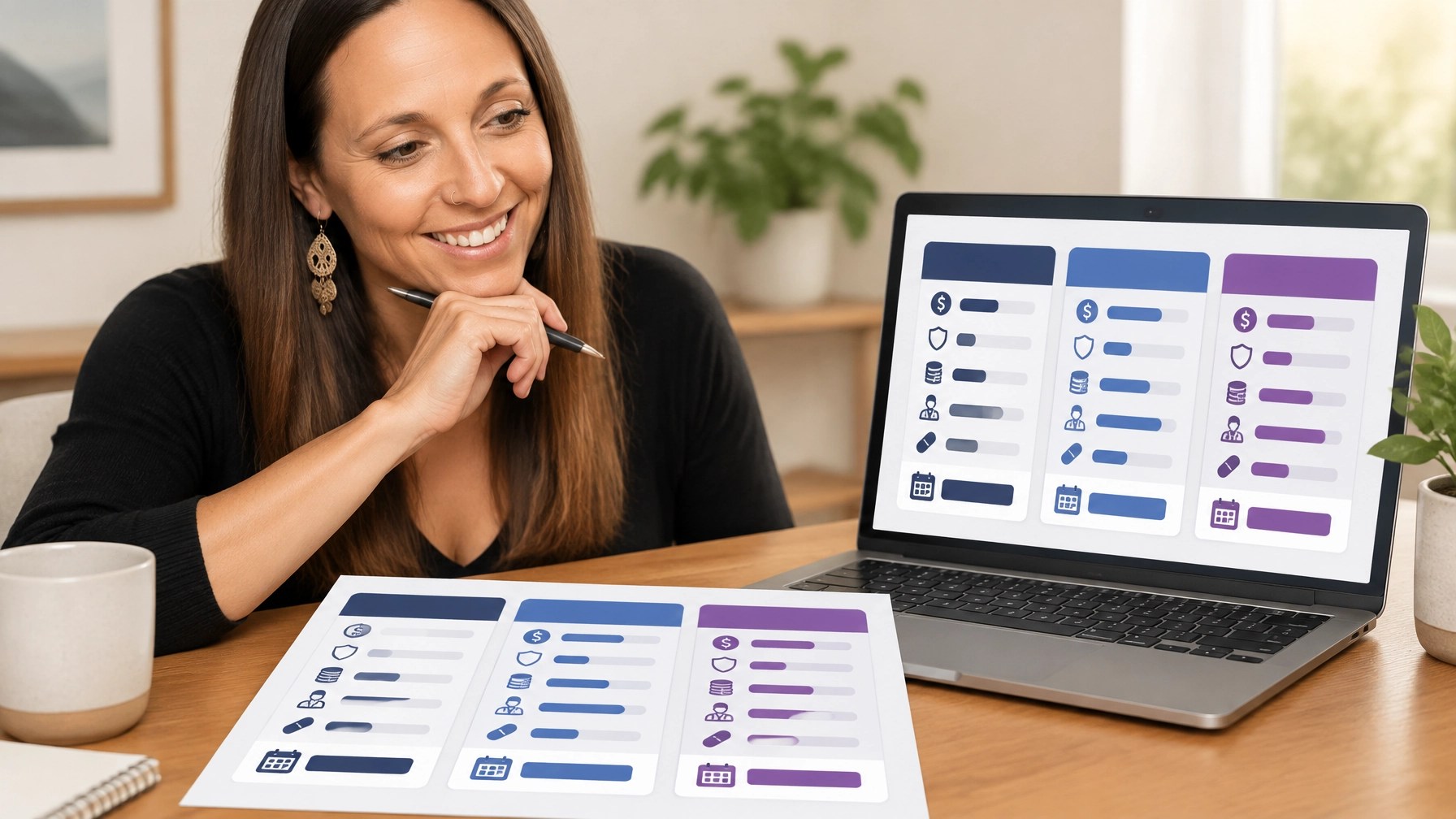Consumer comparing health insurance plans by premiums, deductibles, networks, and prescription benefits