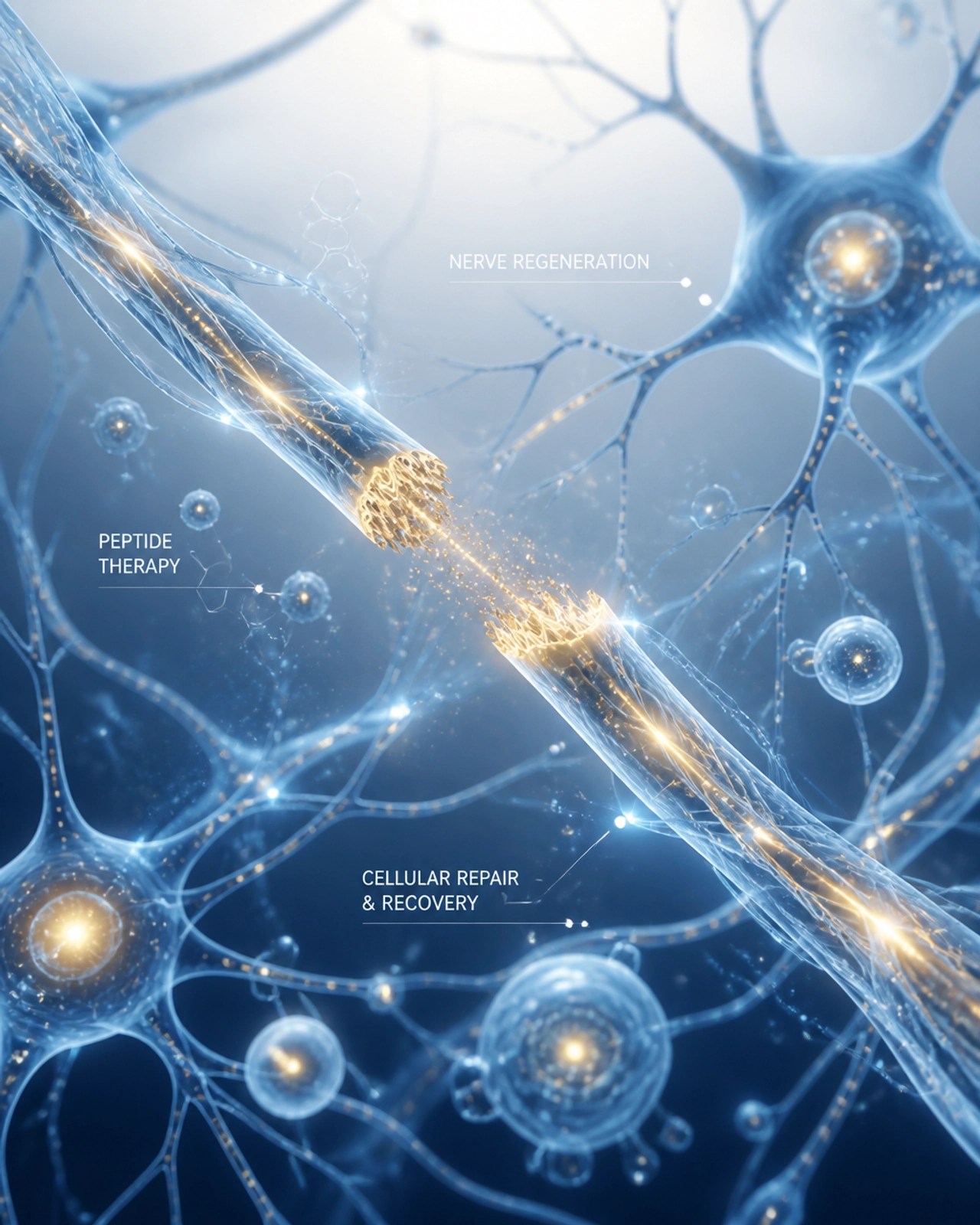 Abstract representation of nerve fiber regeneration and cellular repair with luminous glowing neural pathways.