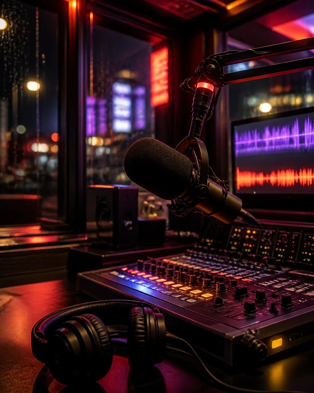 Close-up of a radio console with glowing meters and headphones during a late-night broadcast