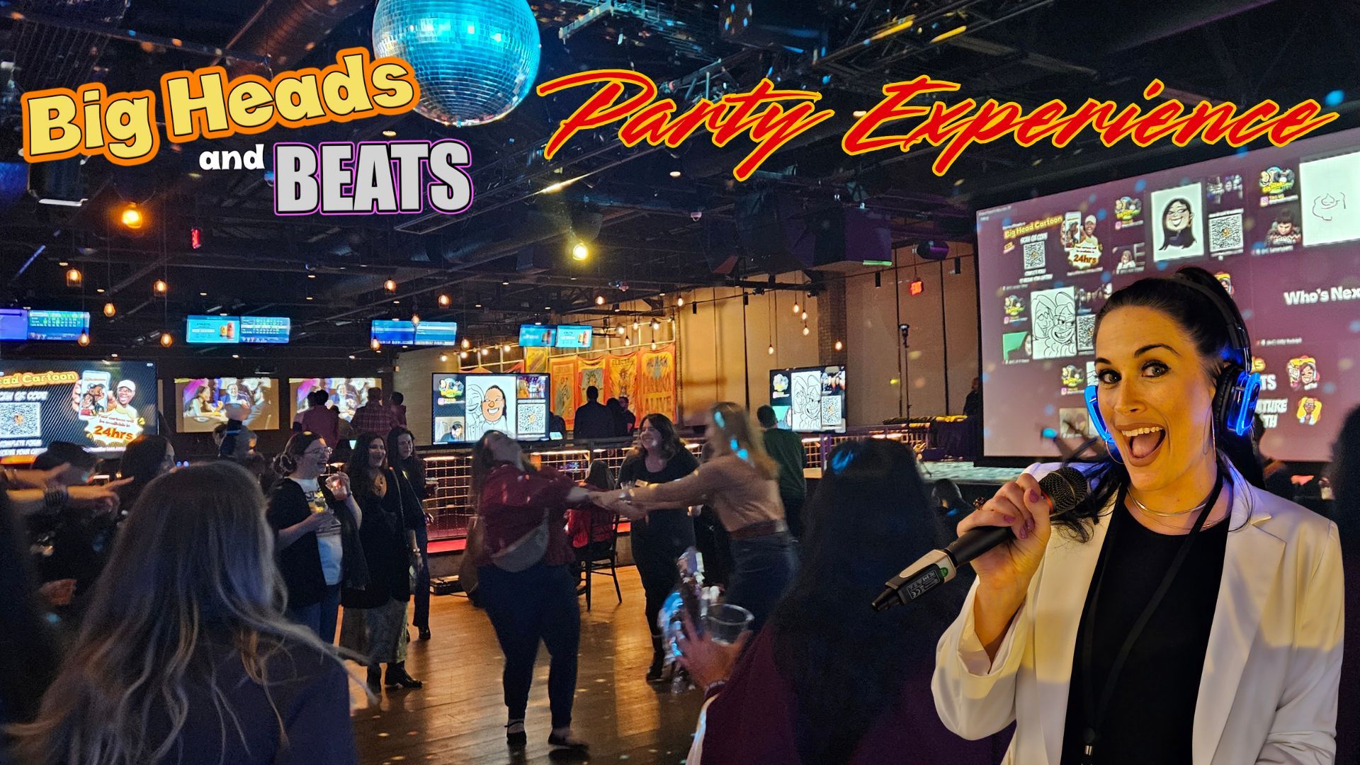A corporate celebration with a disco ball, an on-site DJ and Emcee, digital caricature screens, and projected caricature artwork