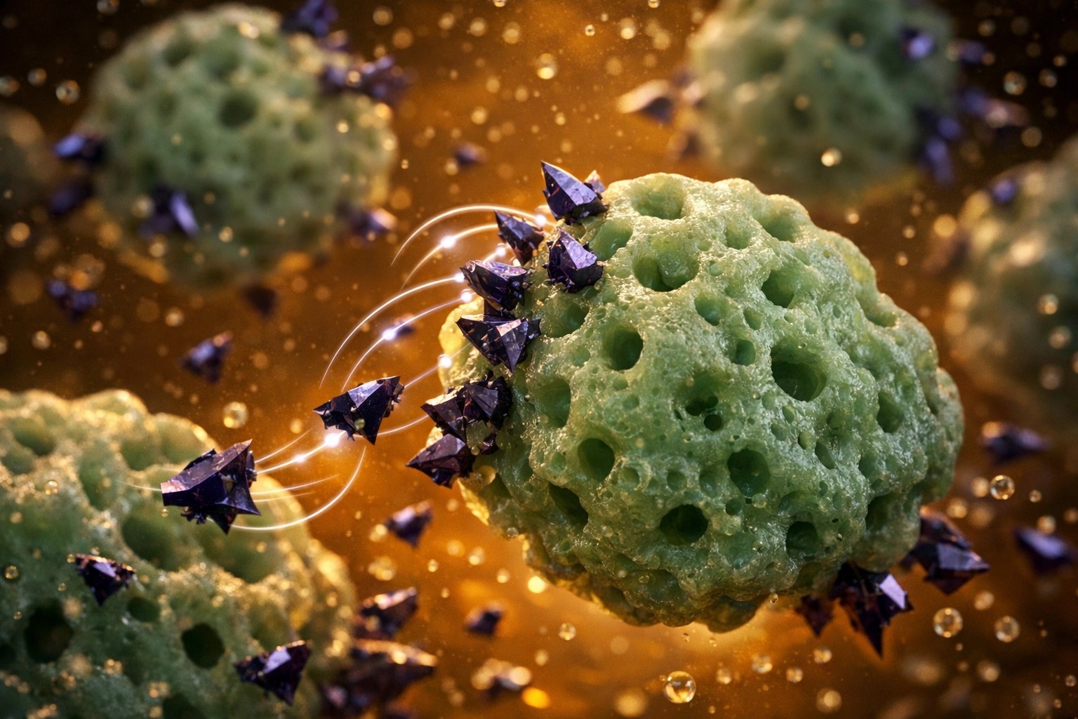 Microscopic visualization of food grade clay particles attracting toxins through adsorption.