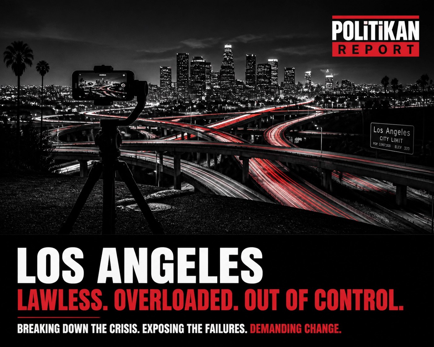 Night view of a Los Angeles freeway with camera equipment capturing viral street influencer content.