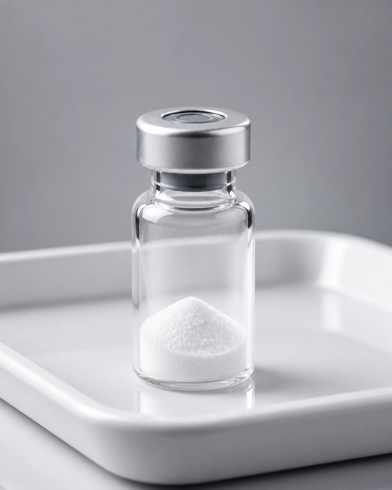Minimalistic product photography of a glass peptide vial on a clinical tray
