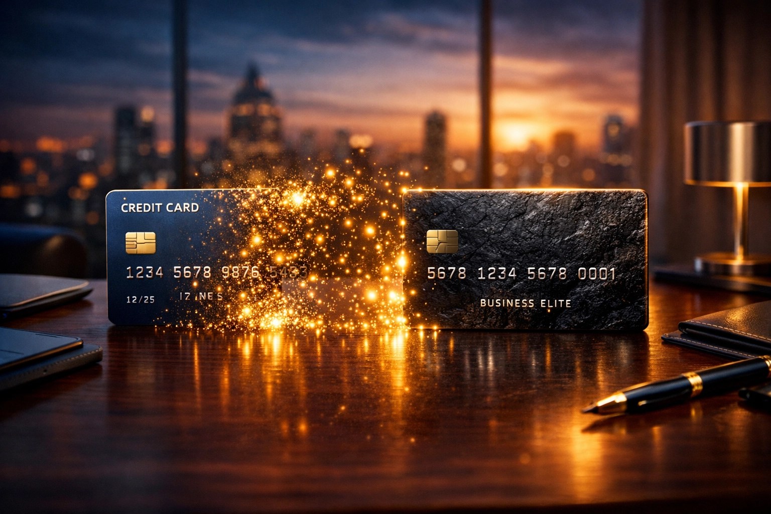 Professional transformation from personal credit cards to business funding on an executive office desk.