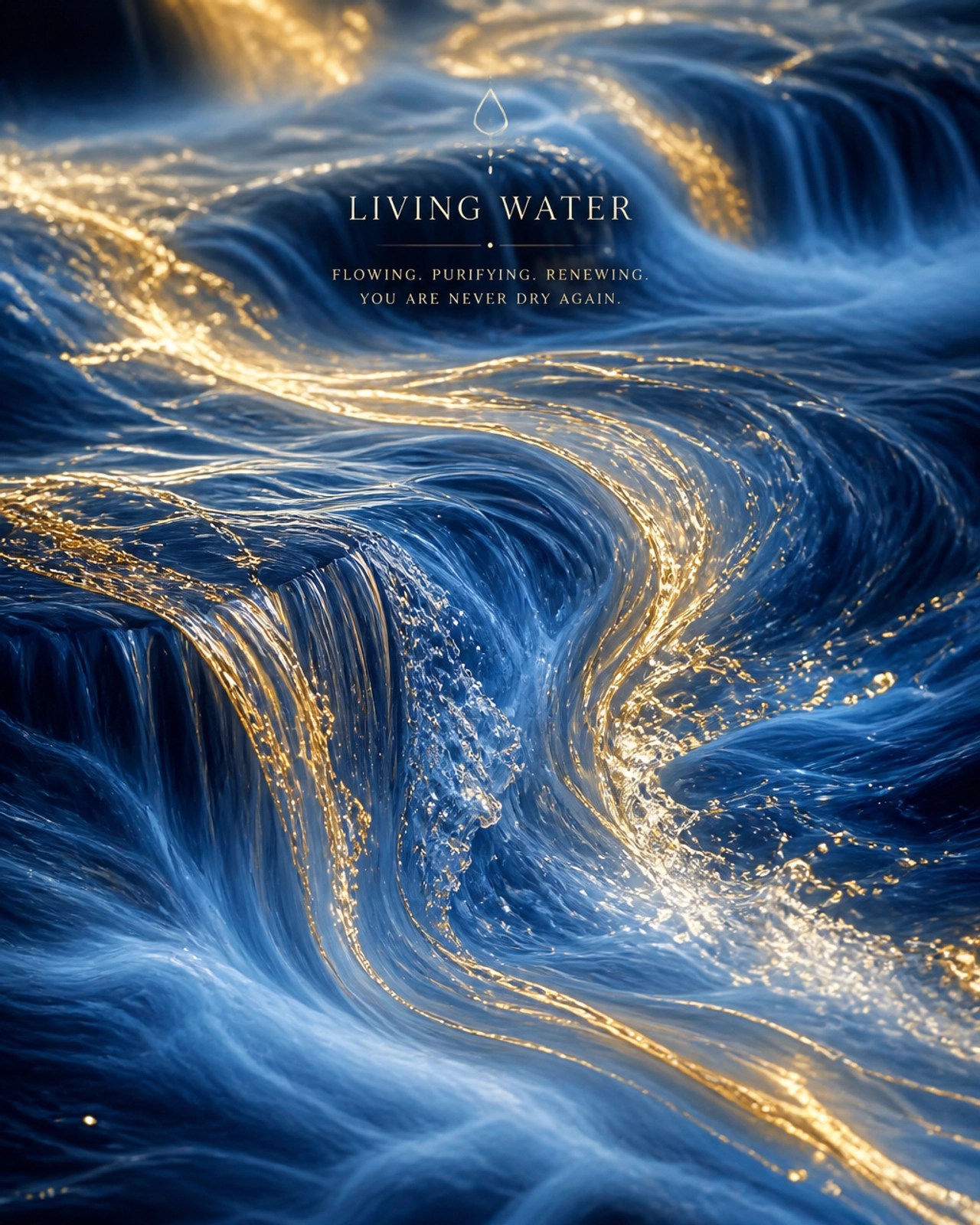 Ethereal flowing water in deep indigo and gold, representing spiritual renewal and living water