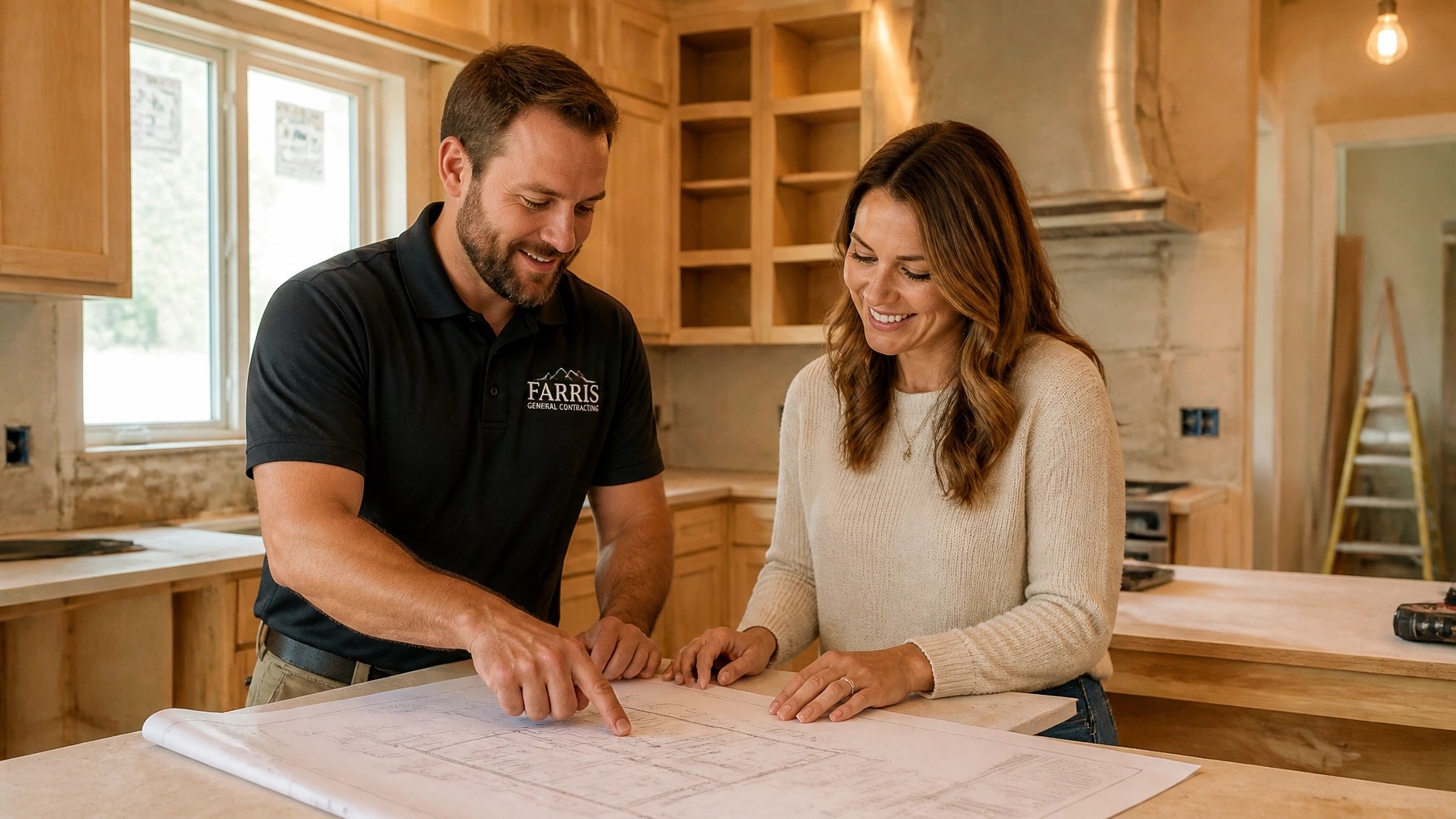 A professional contractor from Farris General Contracting reviewing plans with a homeowner.