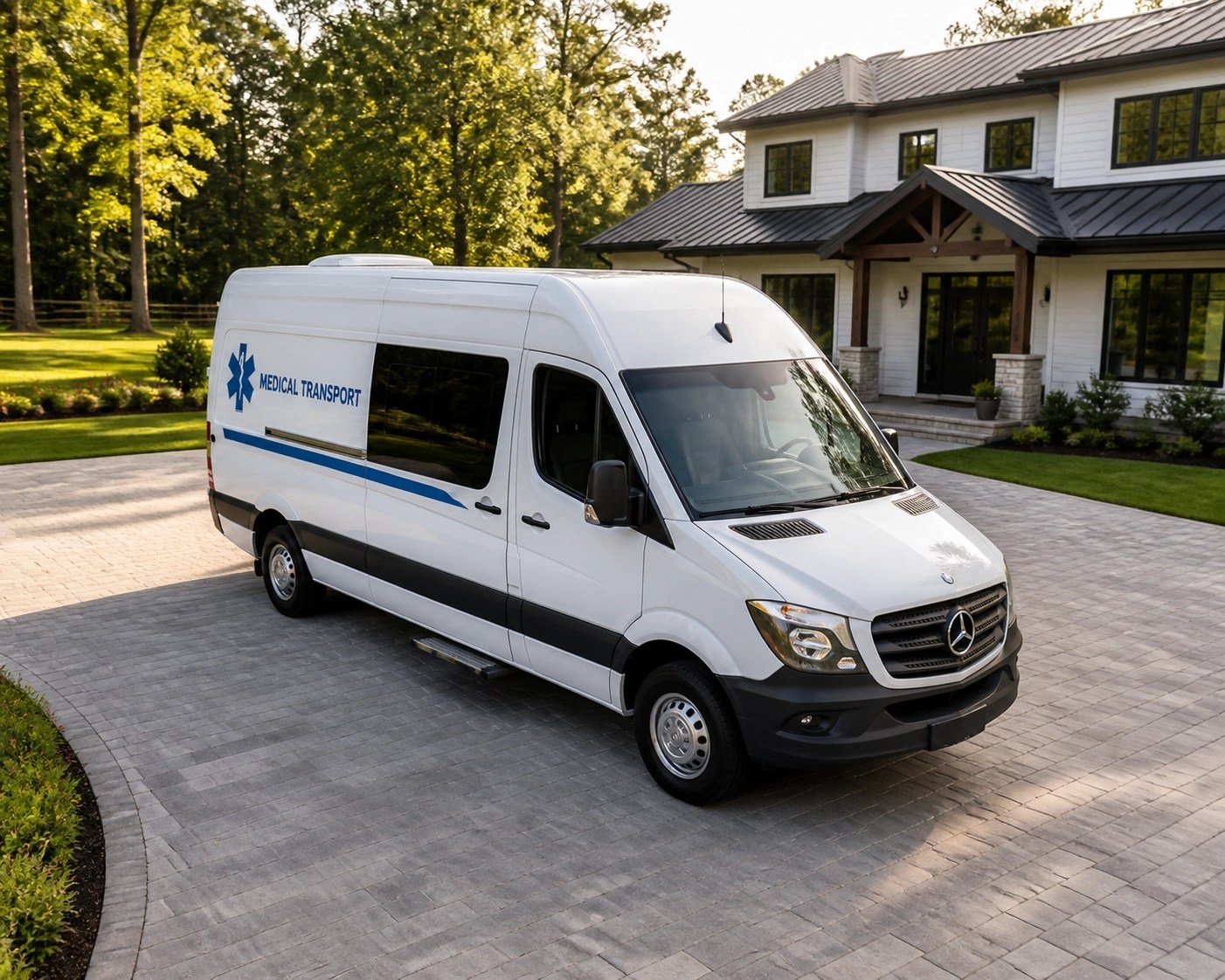 A reliable white medical transport sprinter van parked at a home for a scheduled NEMT pickup.