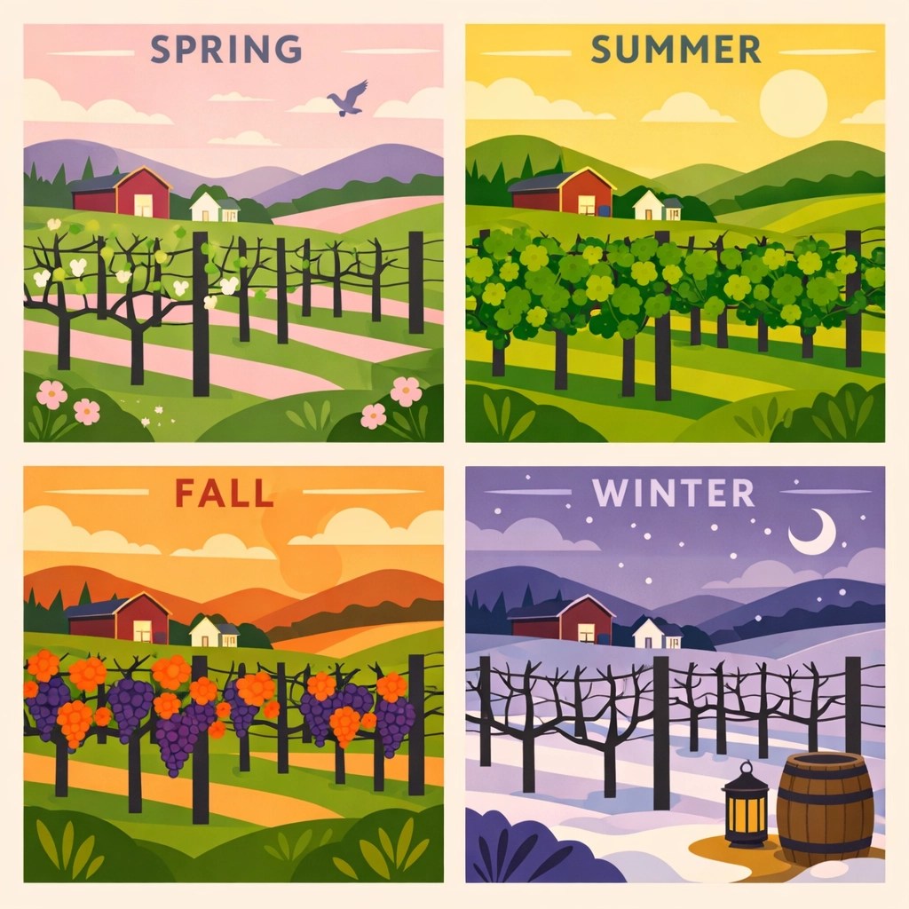 Four seasons showcase of Virginia wine country vineyards throughout the year