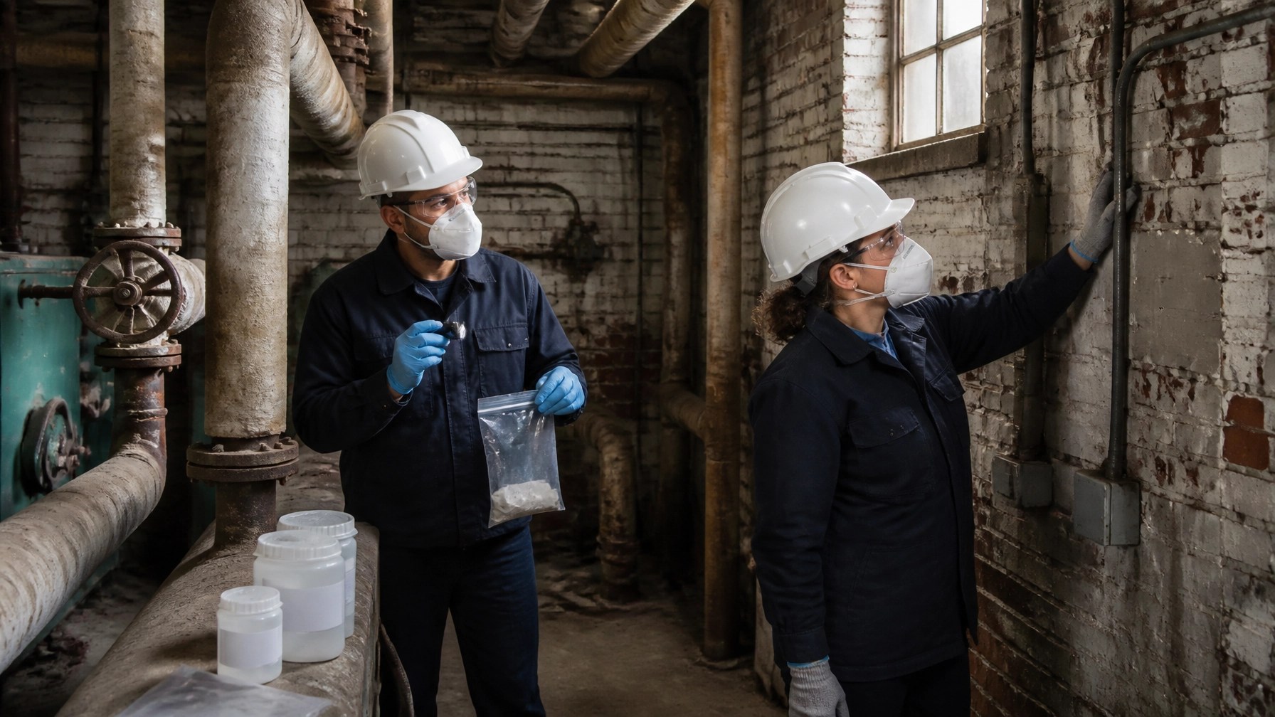 Environmental professionals conducting an asbestos and lead survey in an older Brooklyn boiler room before retrofit work