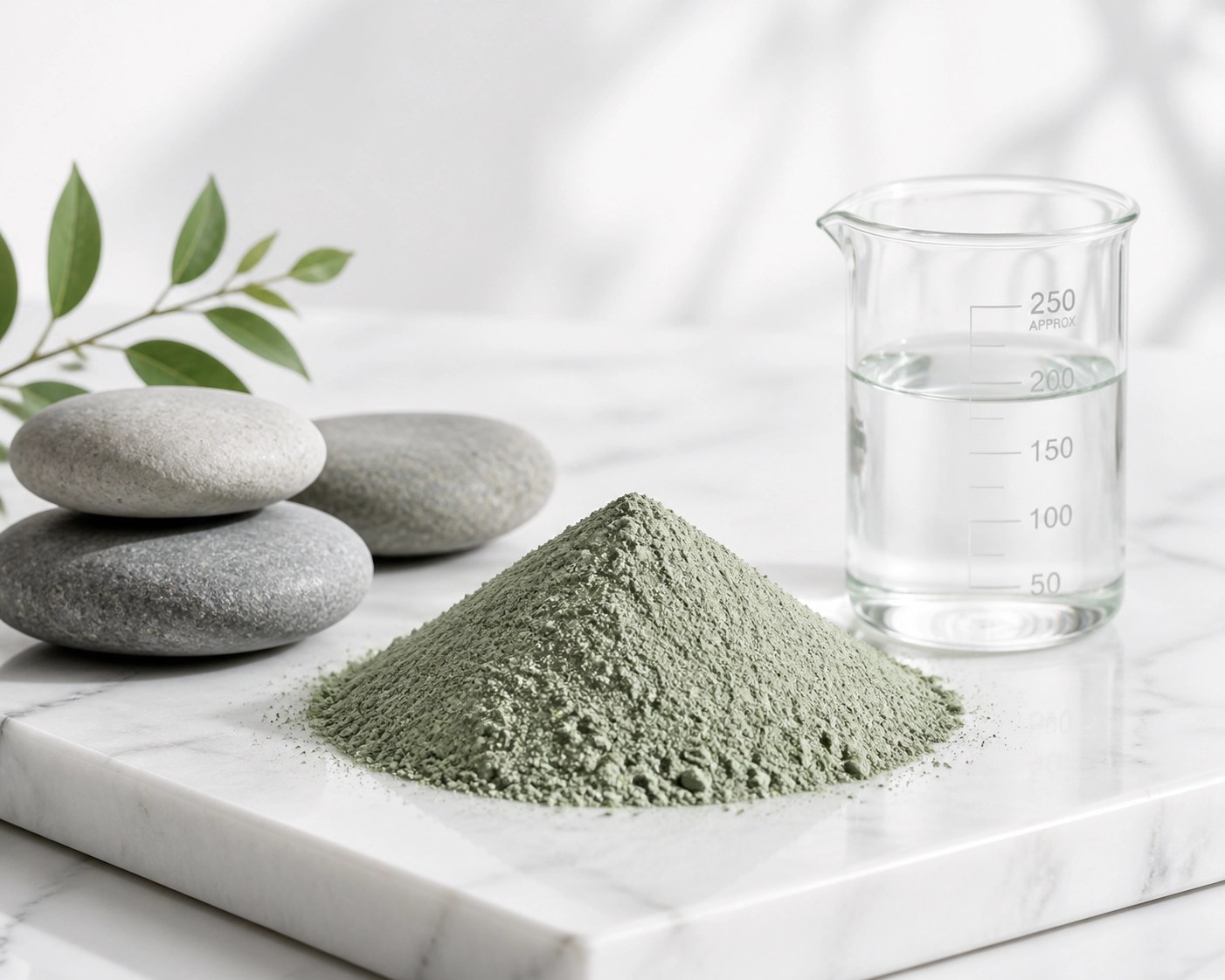 Fine green clay powder on a marble slab, highlighting purity and safety for sensitive skin detox.