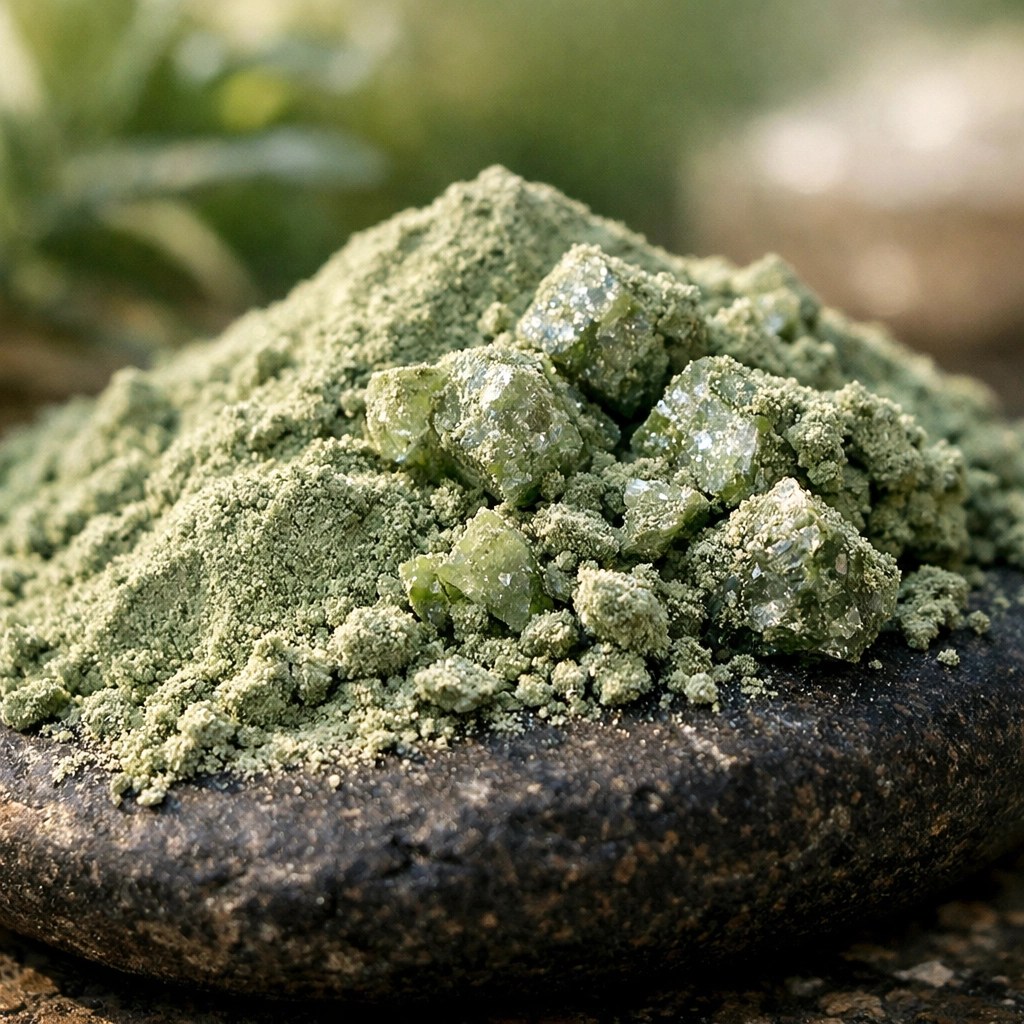 Pure French green illite clay powder showing the rich mineral texture used for athletic recovery.