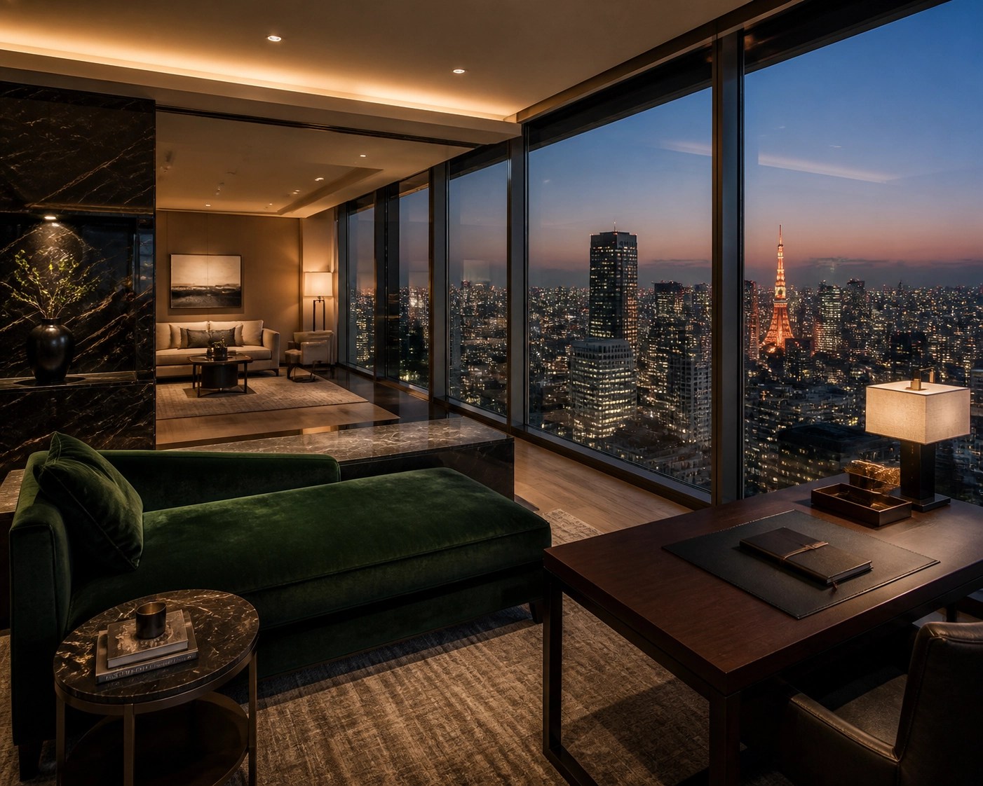 Luxury hotel suite with a Tokyo city skyline view, showcasing premium travel experiences for families and teens.