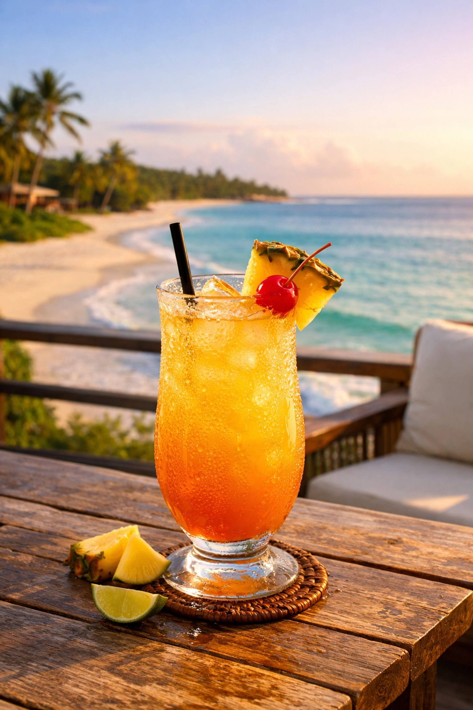 Vibrant Pineapple Rum Punch cocktail on an Airbnb balcony overlooking a tropical Caribbean beach.