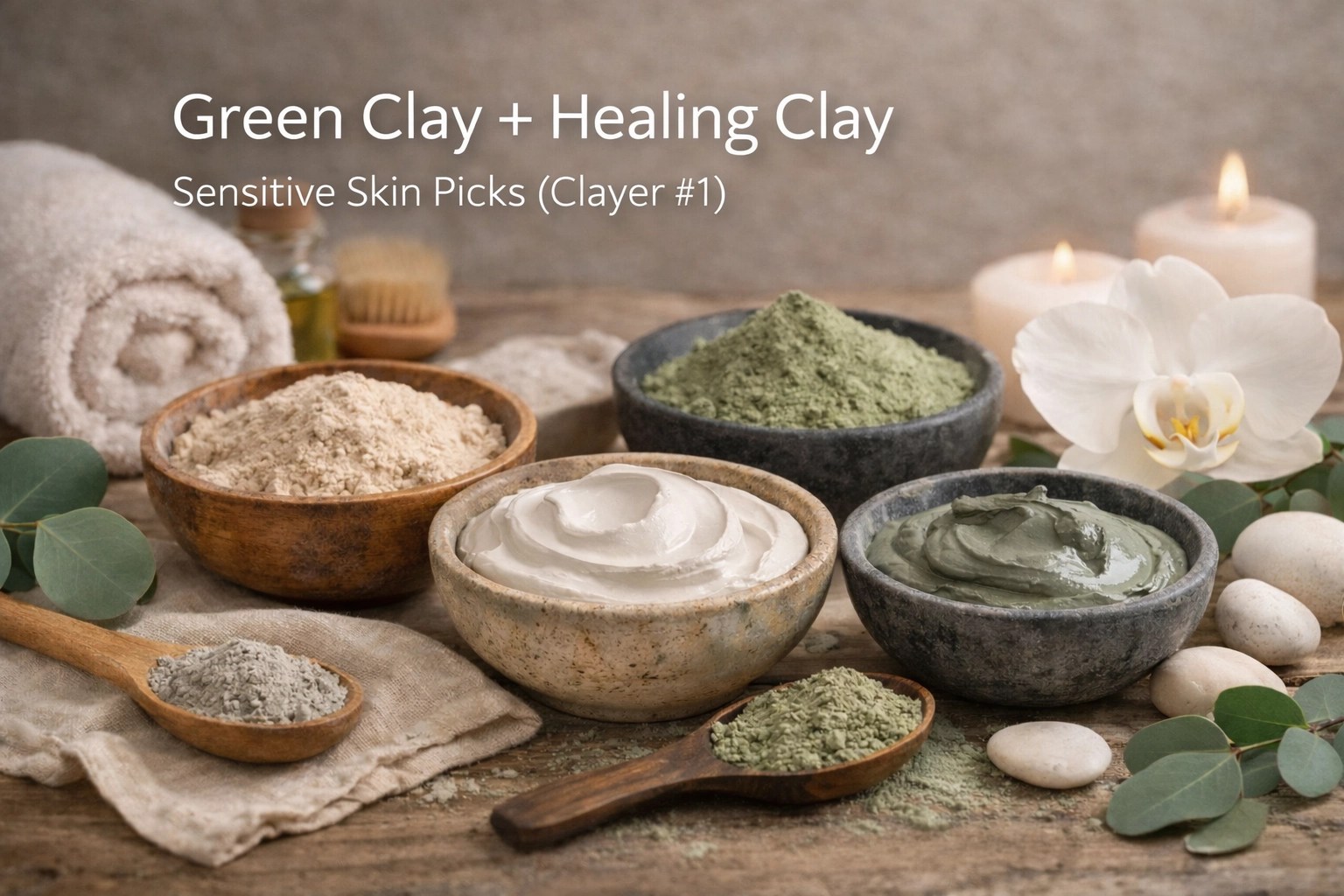 Green clay and healing clay hero image featuring Clayer for sensitive skin picks — photo description: natural clay skincare flatlay with subtle text overlay highlighting Green Clay + Healing Clay and Clayer #1.