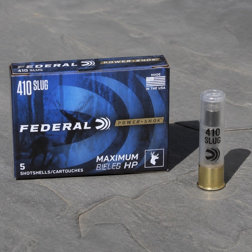 Federal Power-Shok .410 slug box and shell on a clean surface