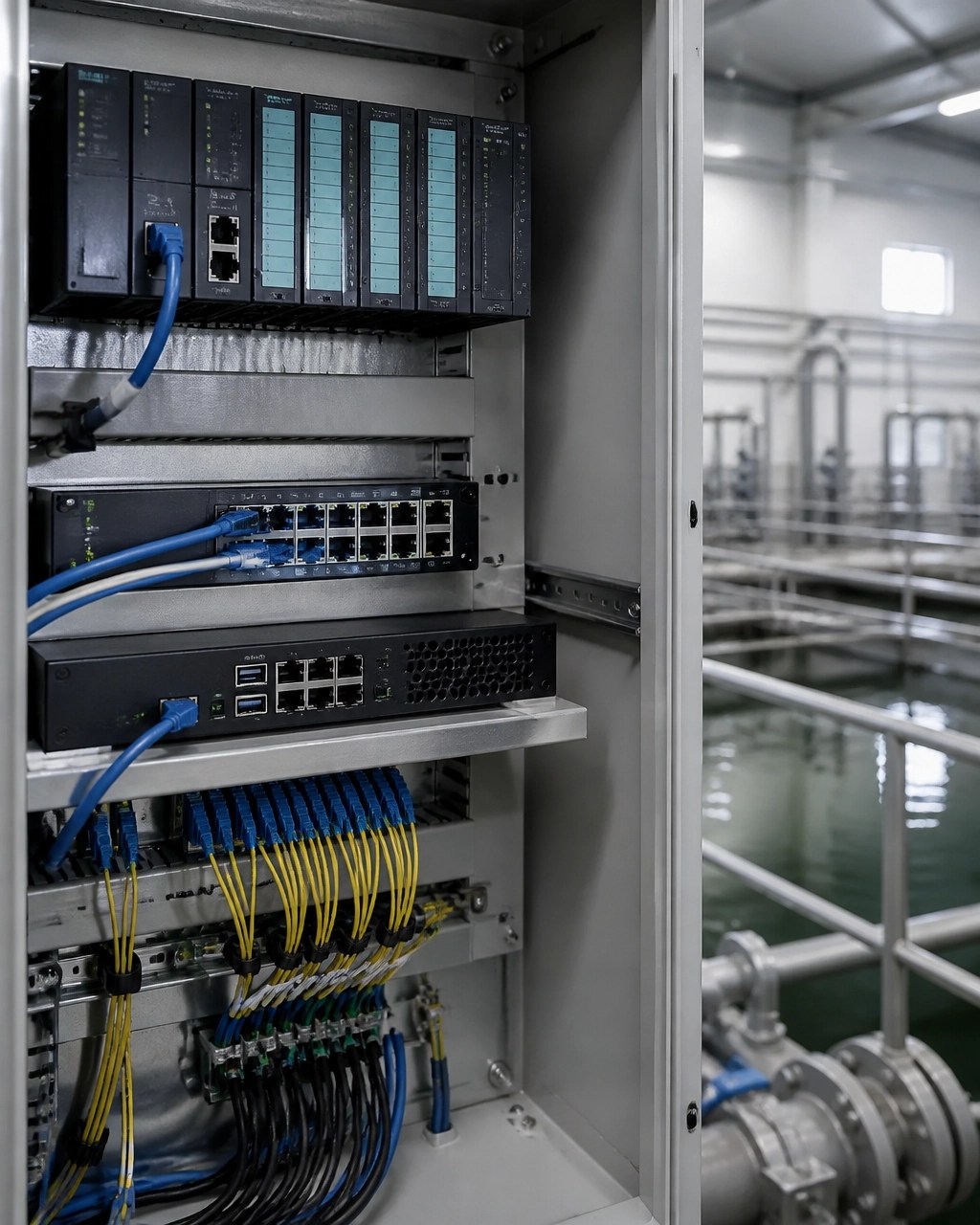 Wastewater PLC cabinet, industrial Ethernet switches, firewall appliance, and managed fiber connections