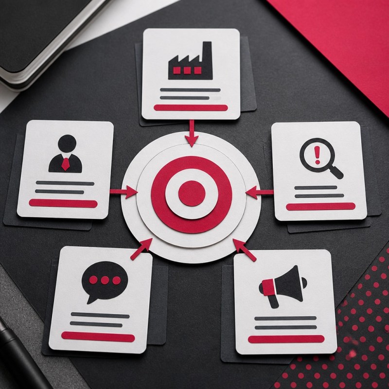 A stylized target board with layered customer-profile cards, a magenta bullseye, and connecting arrows
