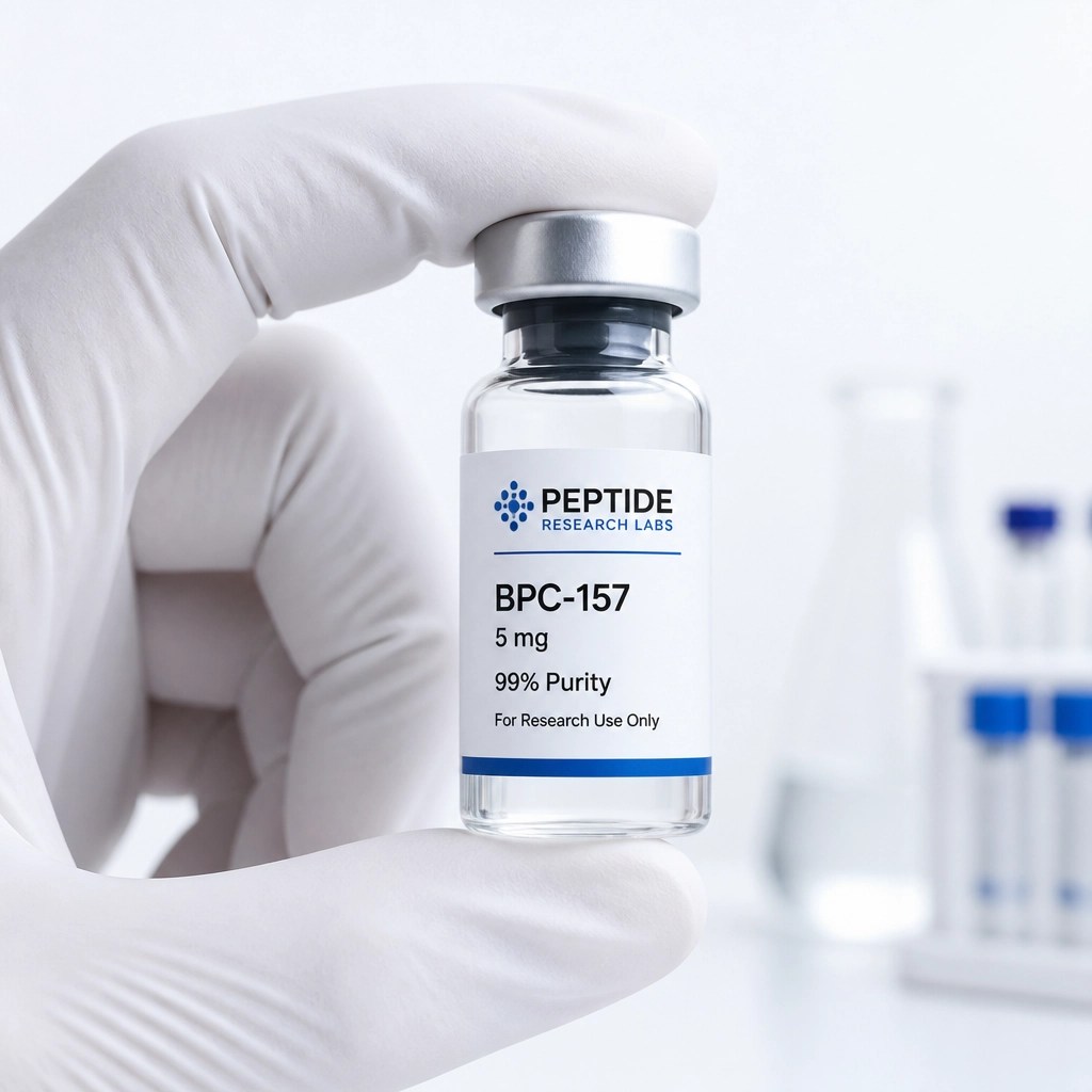 A researcher's hand holding a high-purity peptide vial in a clinical setting