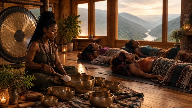 A sound session with a gong and singing bowls in a mountain retreat setting
