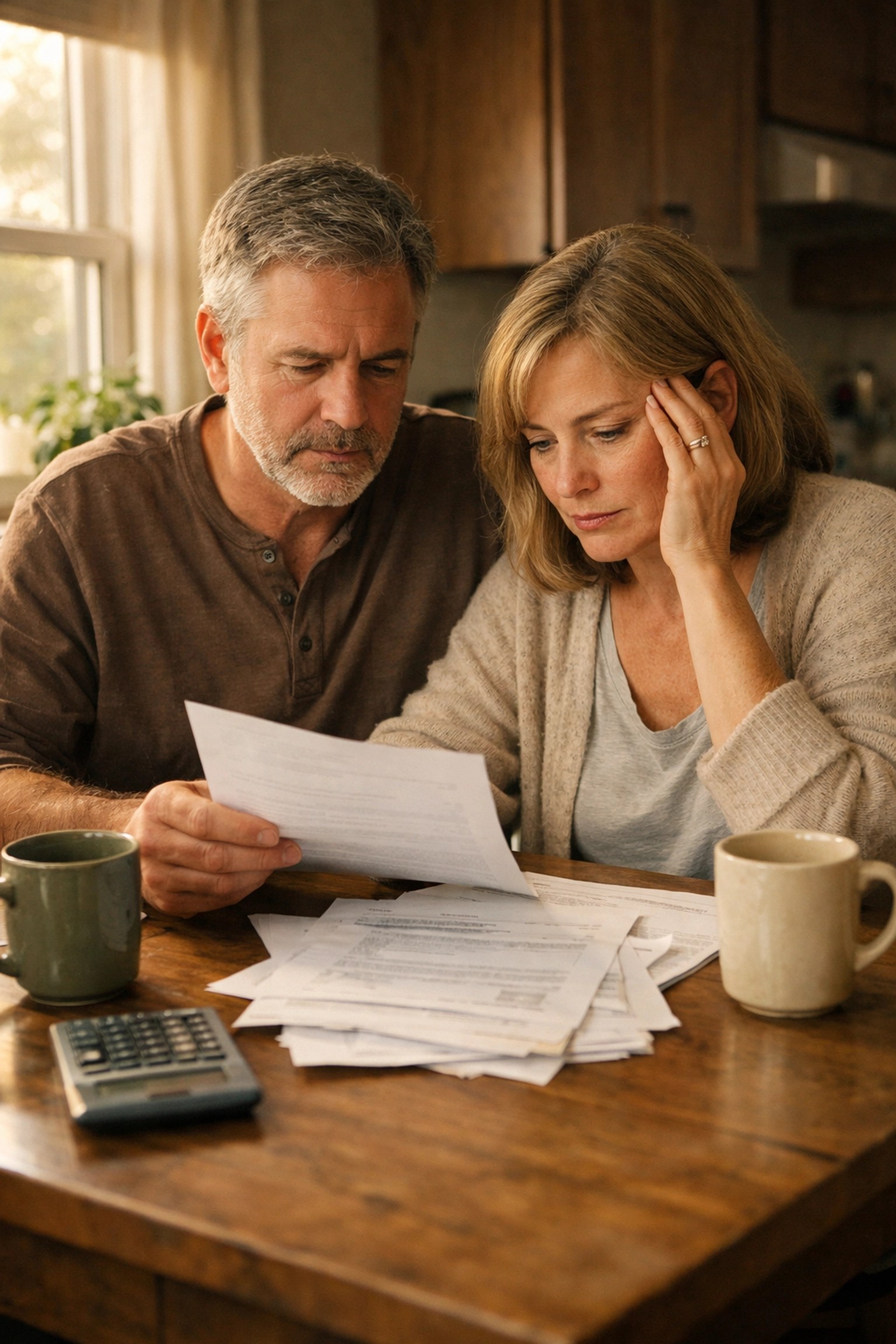 Couple reviewing life insurance paperwork and calculating family financial needs at kitchen table