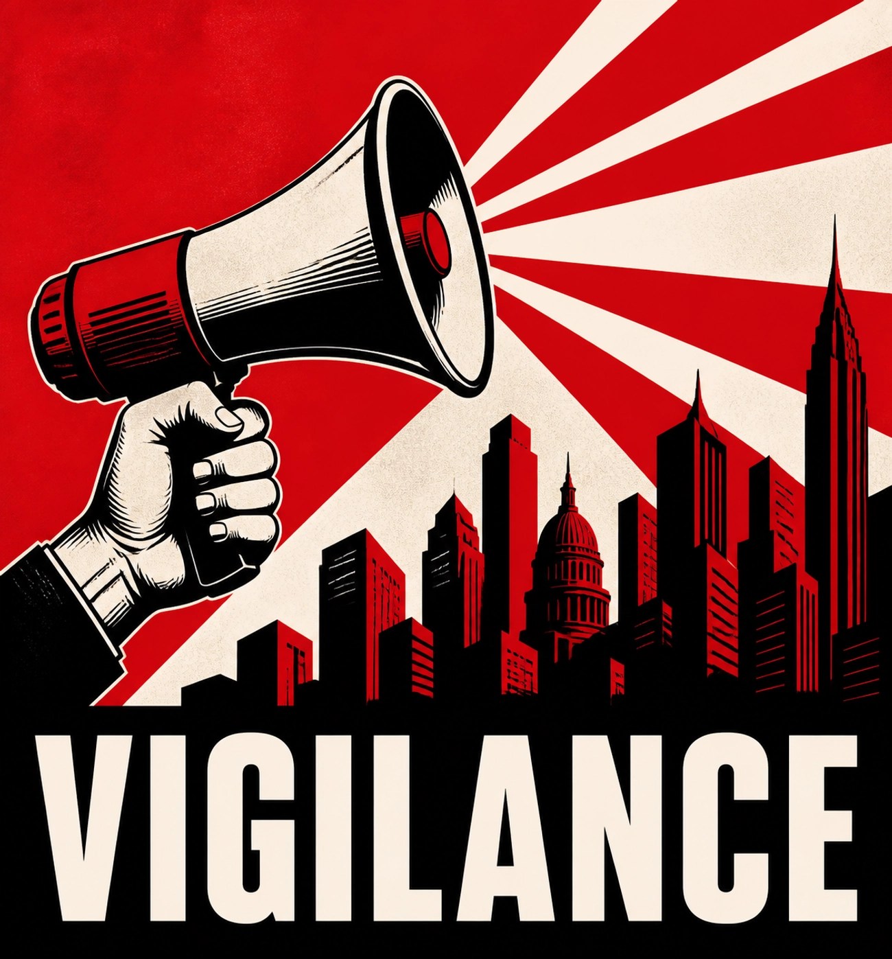 Megaphone held over an urban skyline with VIGILANCE text, promoting community political awareness and action.