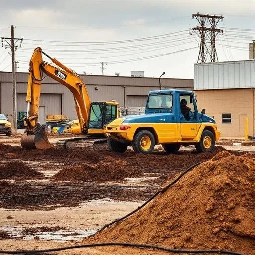 Active brownfield redevelopment site with heavy equipment and soil staging areas
