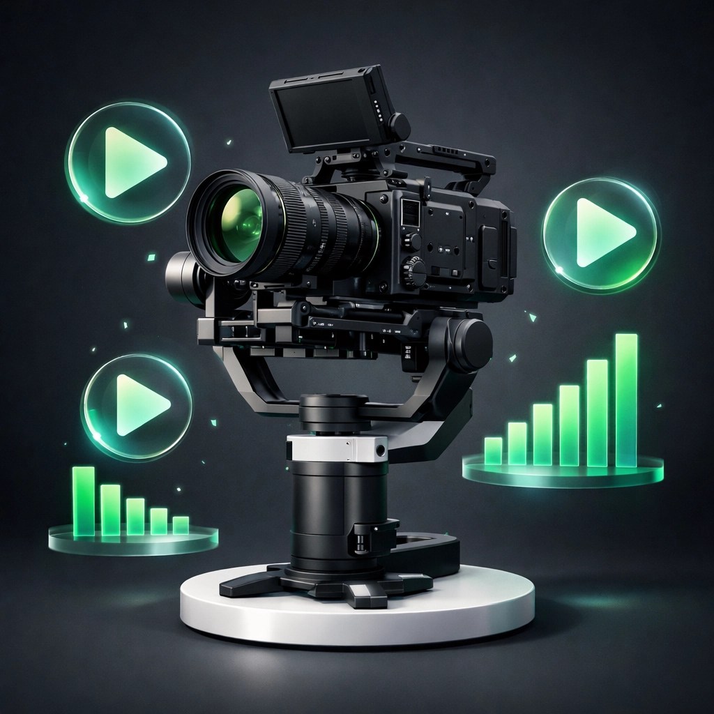 Professional video camera with play buttons and growth charts for Amazon and Shopify product marketing.
