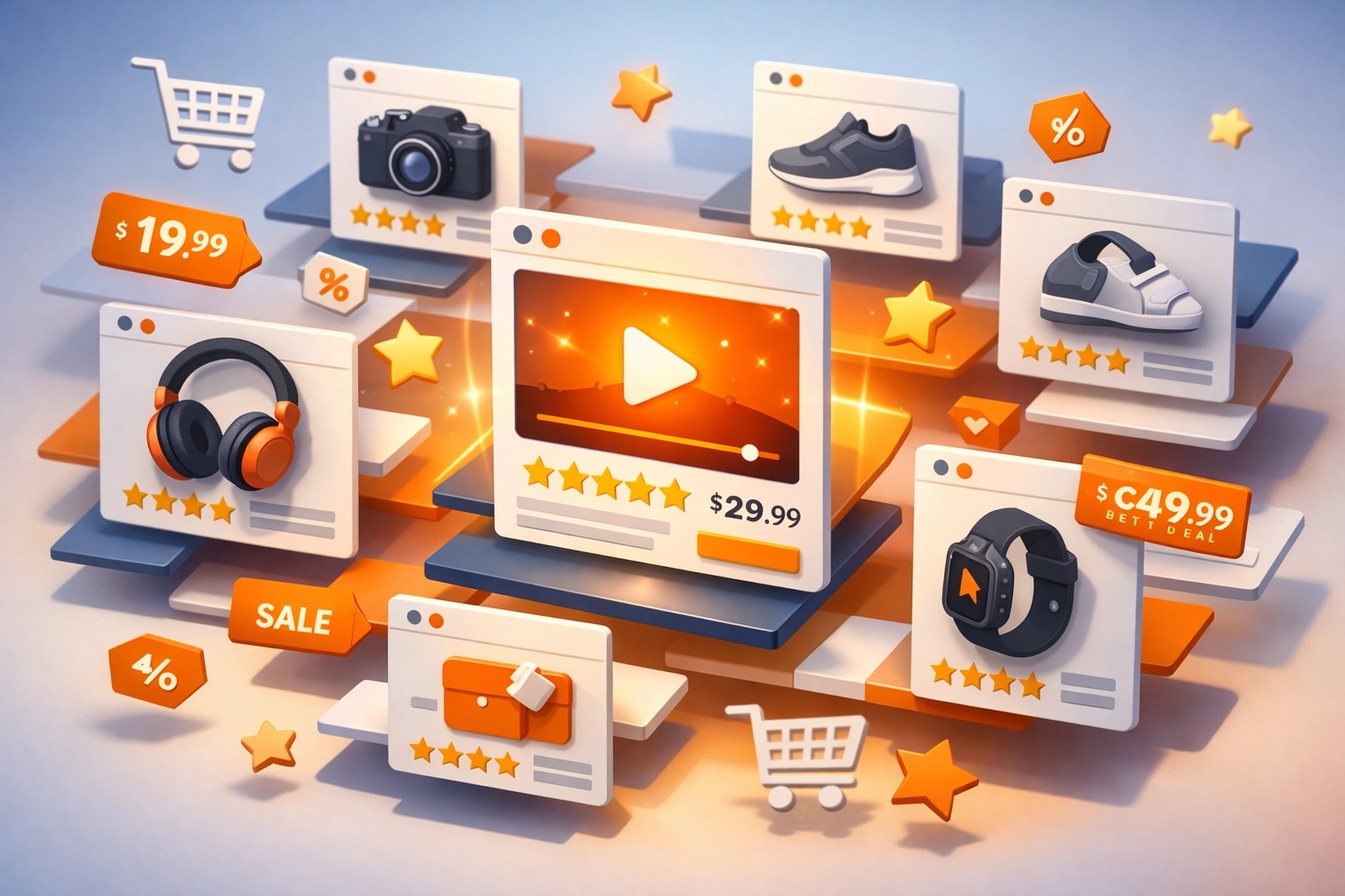 Amazon marketplace with competing product listings and video thumbnail standing out among static images