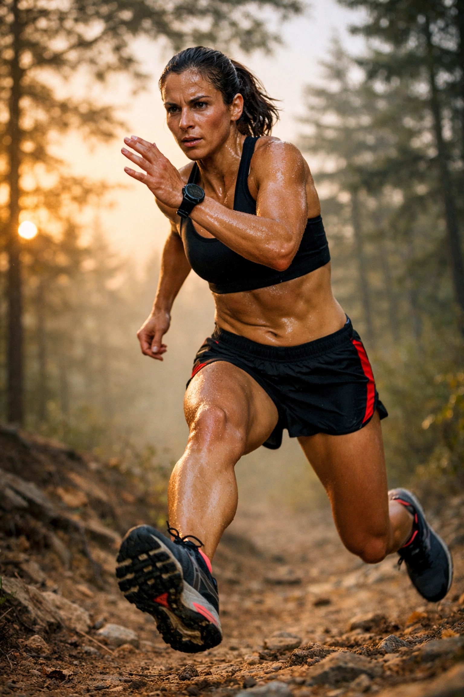 Female distance runner training on trail emphasizing athletic performance and endurance