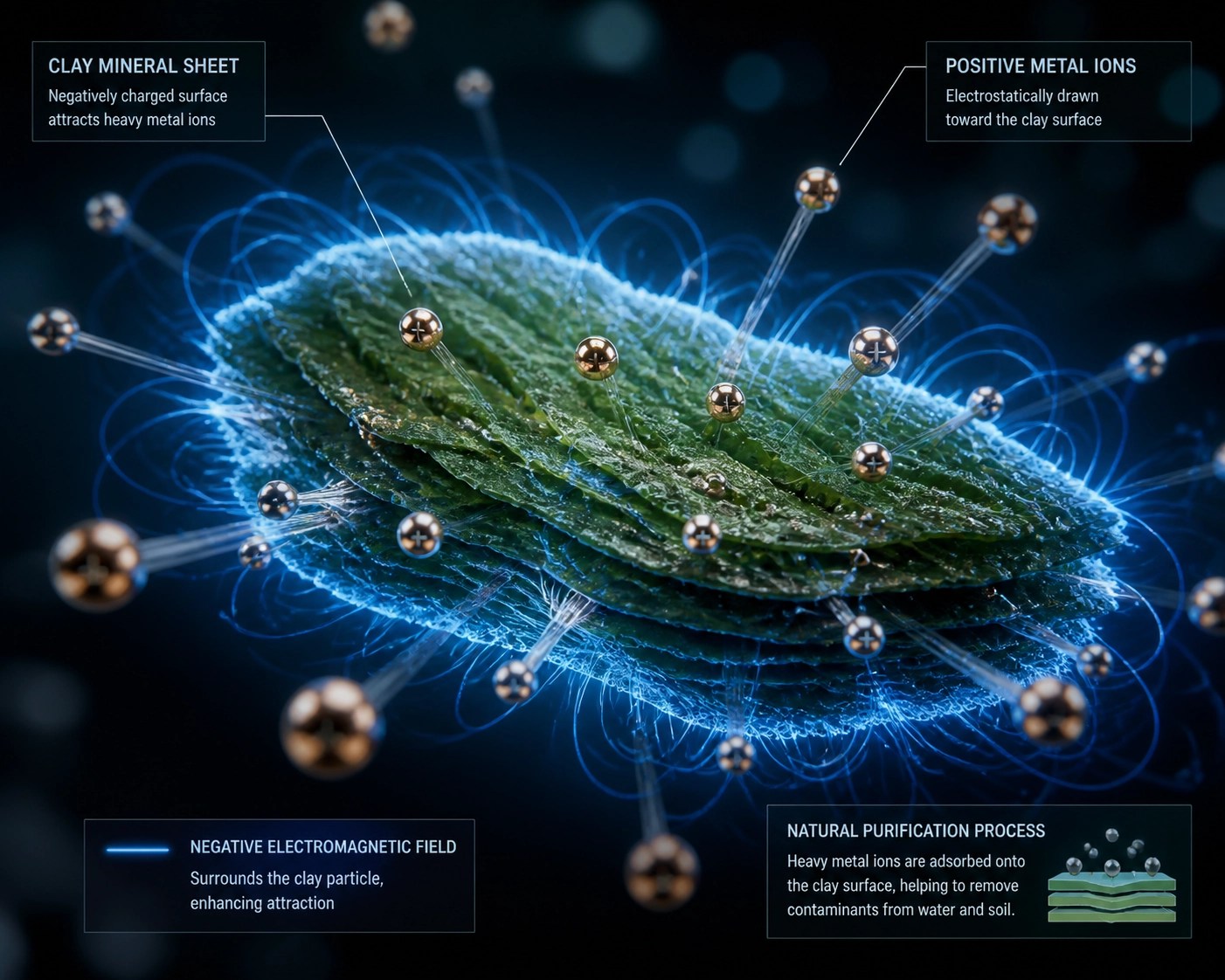Scientific illustration showing green clay particles attracting heavy metal toxins using molecular magnetism.