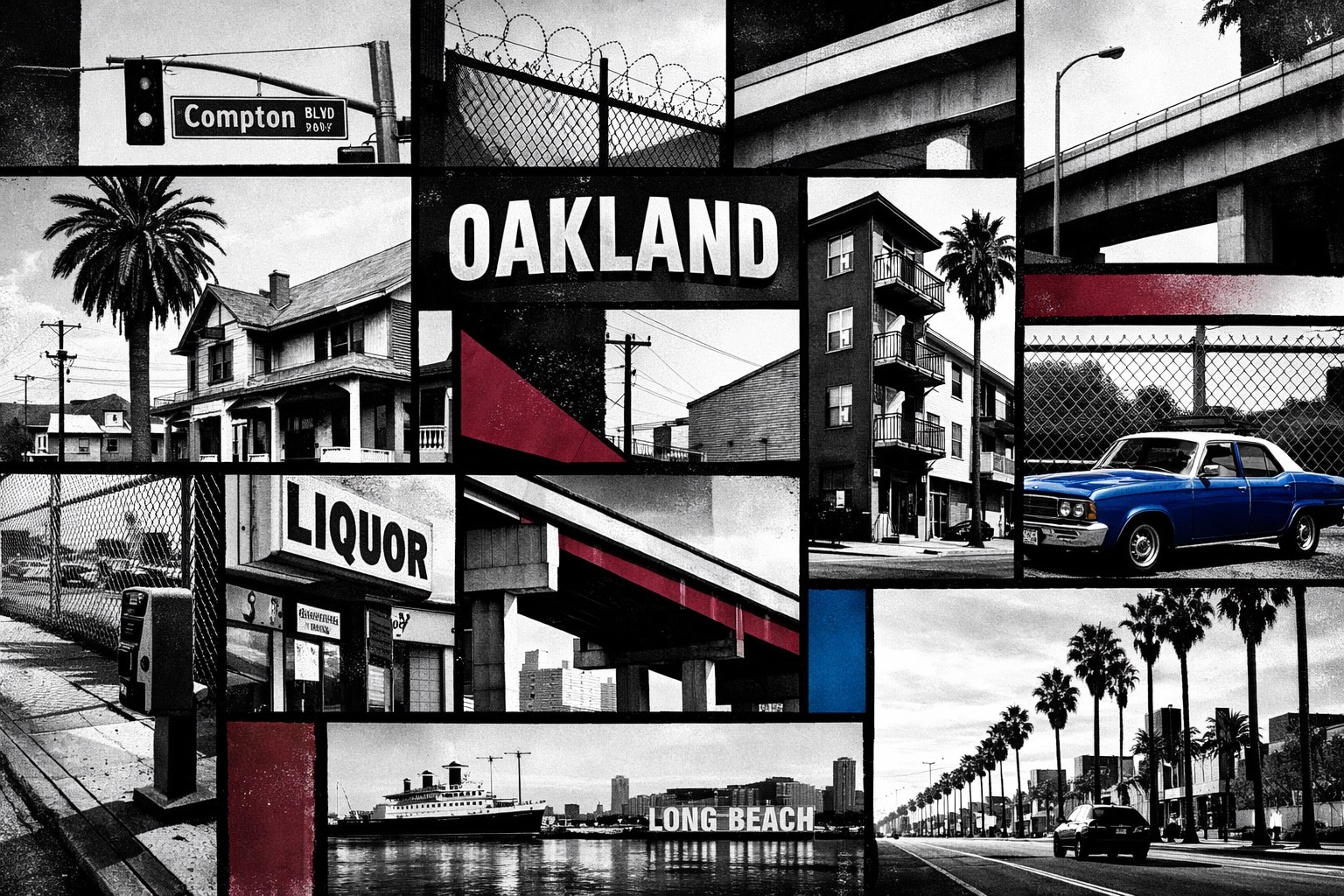 Urban landscapes of Compton, Oakland, and Long Beach showing West Coast hip hop roots and culture