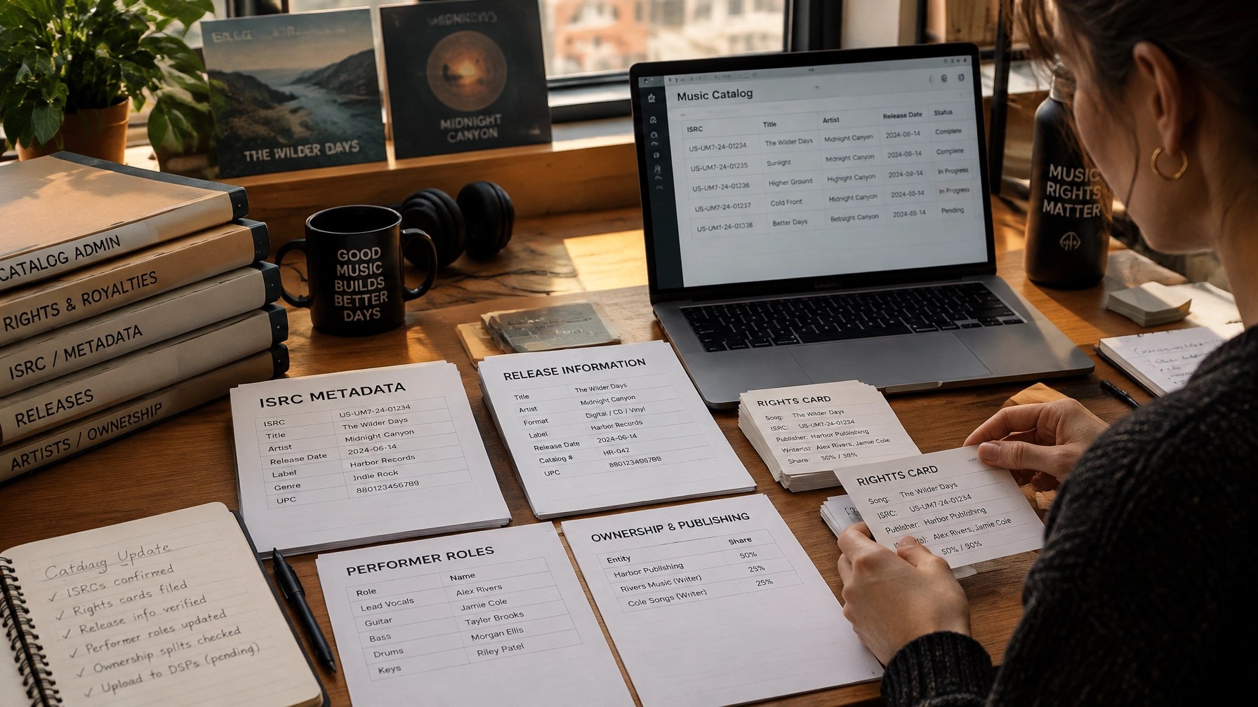 Music catalog administration desk with organized rights cards, ISRC metadata documents, and release information for neighboring-rights matching