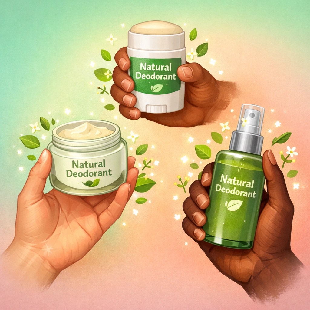 Diverse hands holding different natural deodorant formats including jar, stick and spray bottle