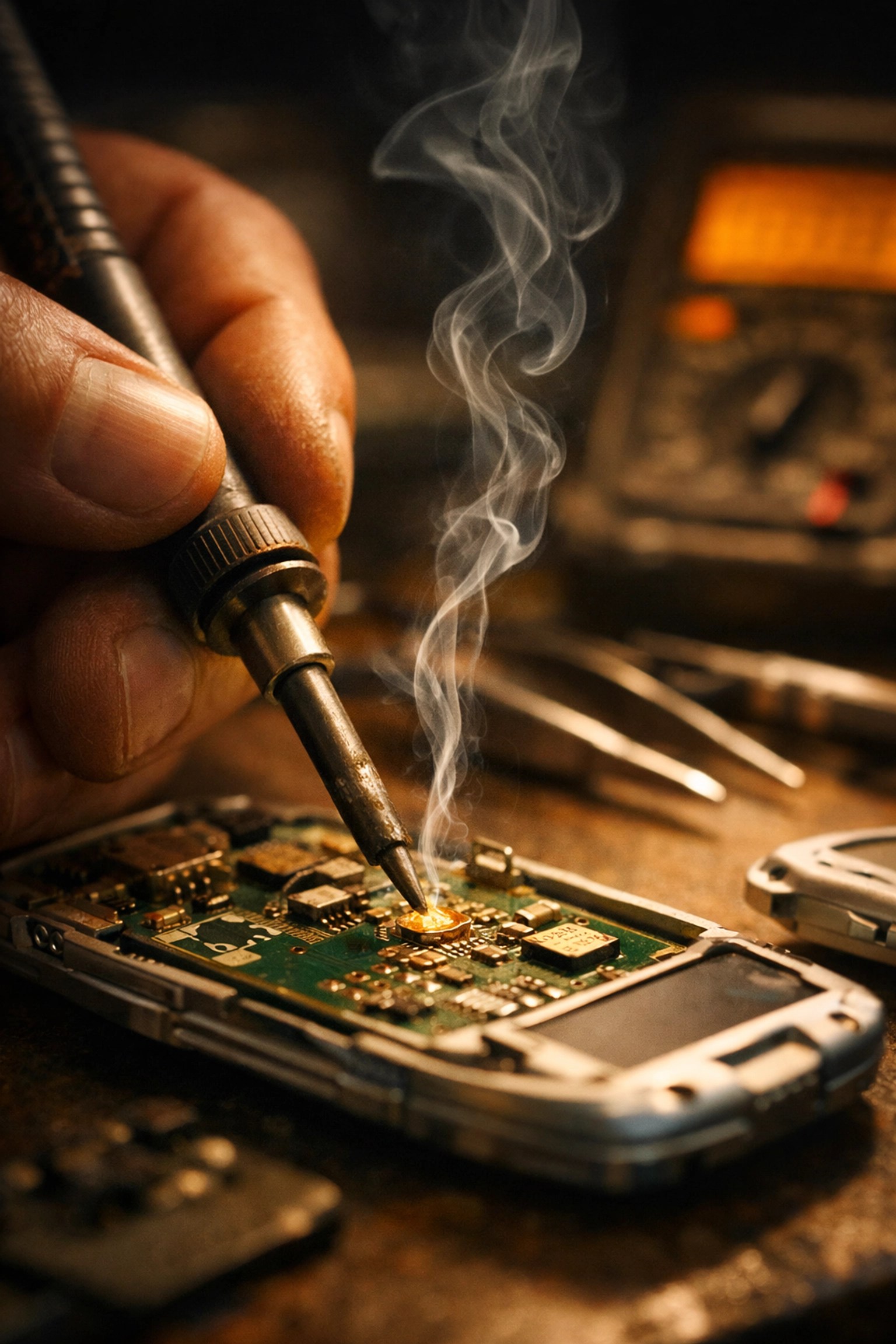Technician soldering a vintage flip phone circuit board for expert data recovery services and photo retrieval.
