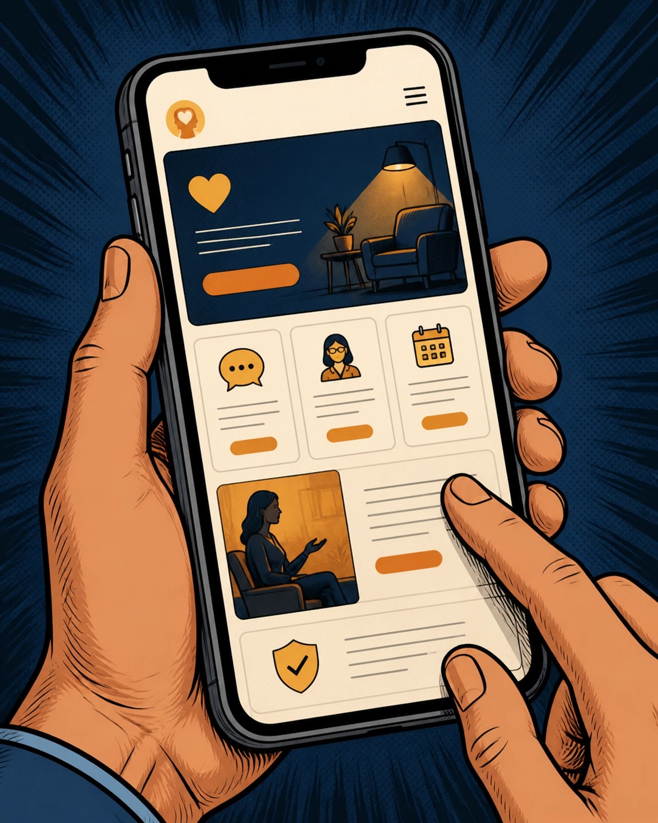 A mobile phone displaying a clear, accessible therapy website layout with large buttons and readable text