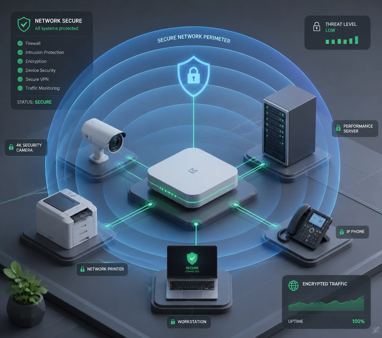 A professional networking router projecting protective digital shields over office hardware and secure servers.