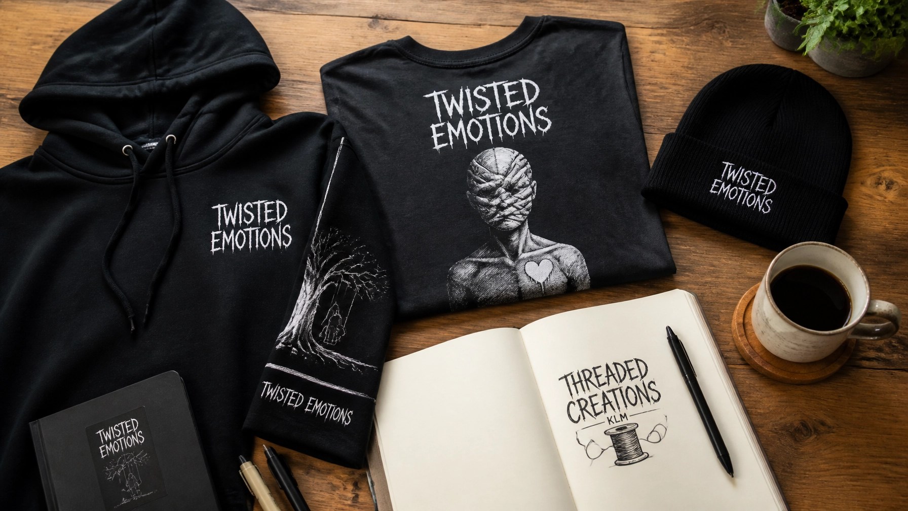 Flat lay of Twisted Emotions apparel and creative tools