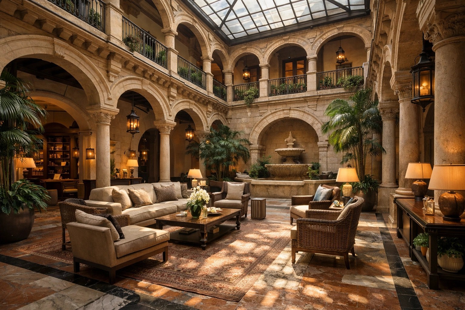 Fresh, stunning boutique hotel architecture with a refined historic courtyard atmosphere and warm natural light, no people.