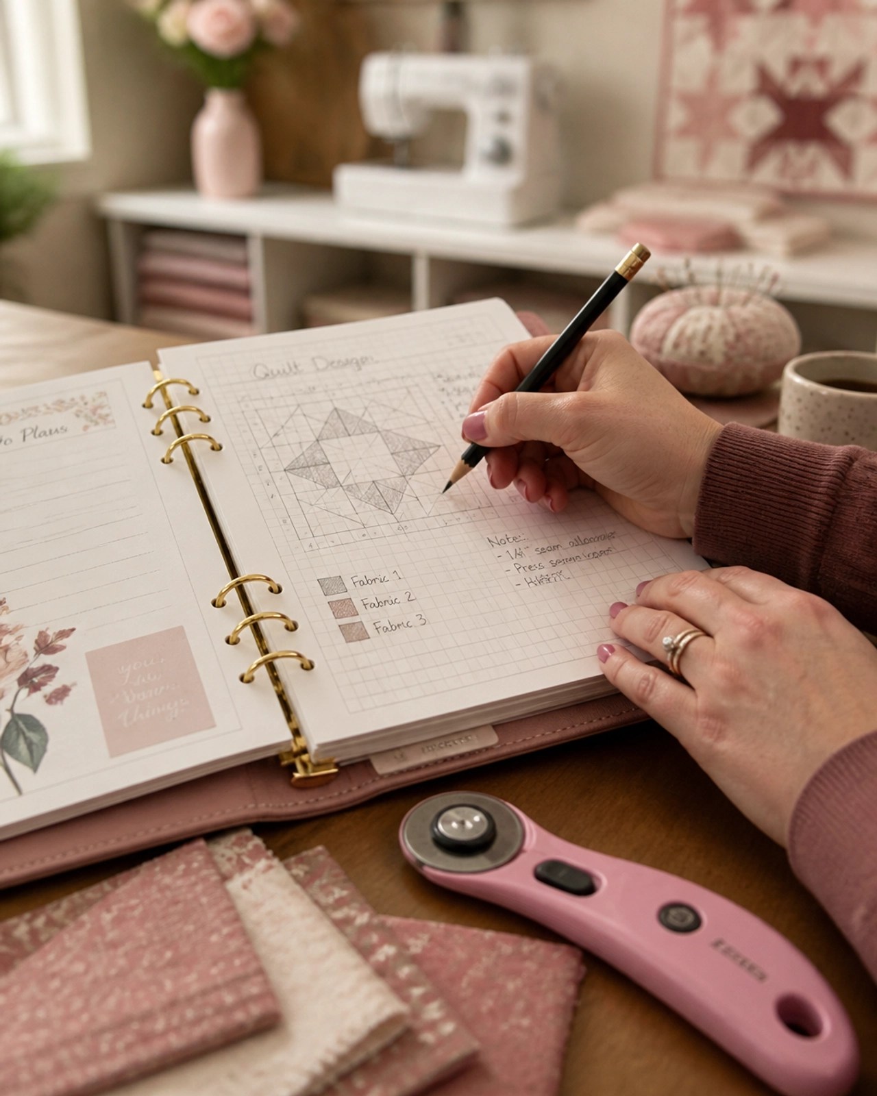 Hands sketching a quilt design in a planner next to pink sewing tools