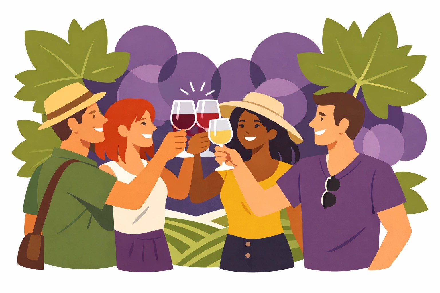 A group of friends enjoying a celebratory wine tasting tour in a beautiful Virginia vineyard.