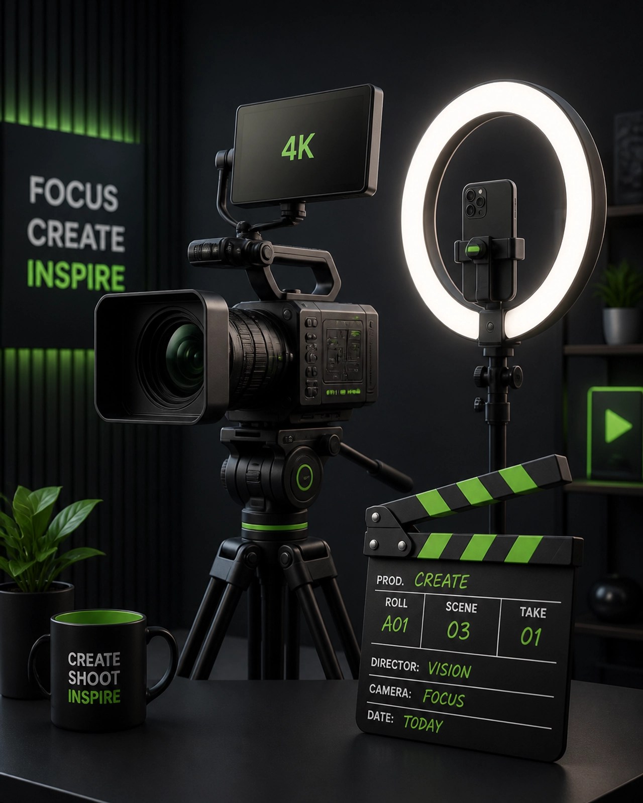 3D digital illustration of professional video gear including a camera and lighting