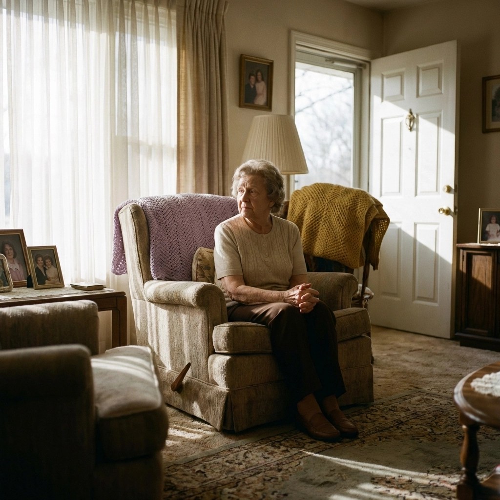 Elderly woman sitting alone in a living room, highlighting vulnerability without a familiar caregiver