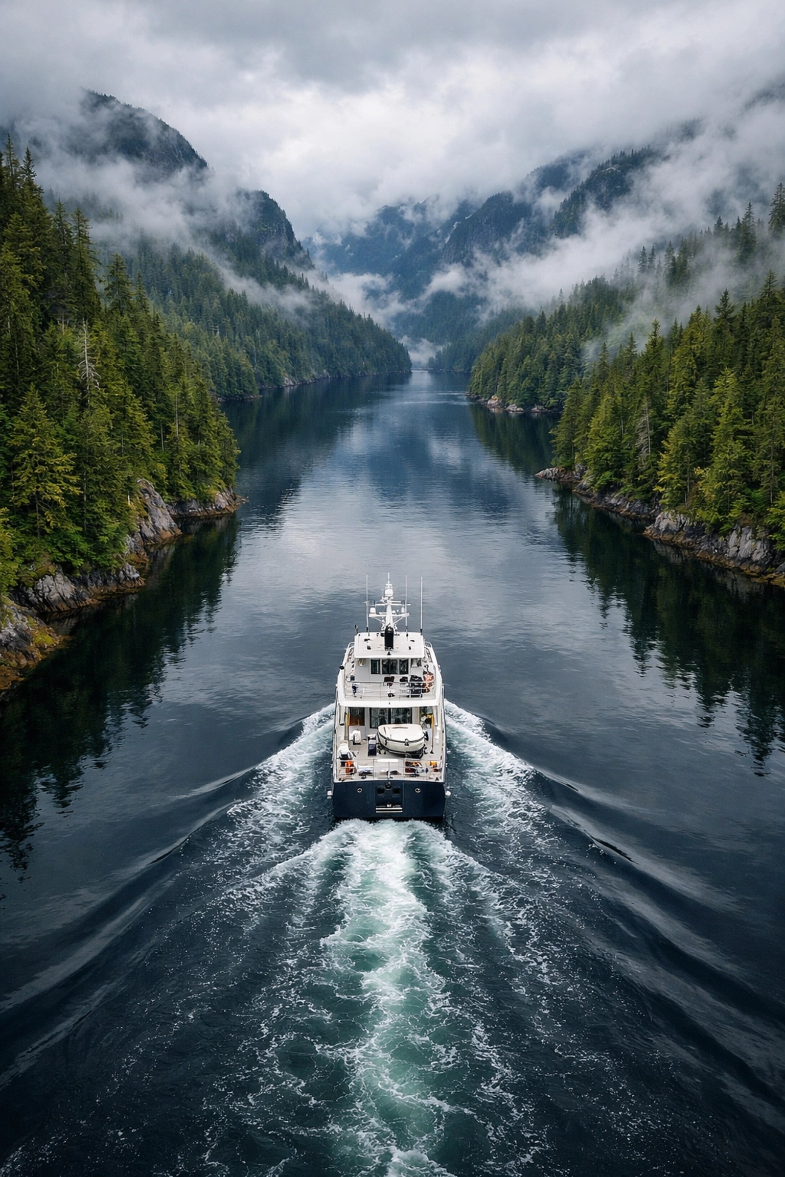 Aerial view of an UnCruise expedition vessel sailing through a remote, misty forested passage in the Pacific Northwest.